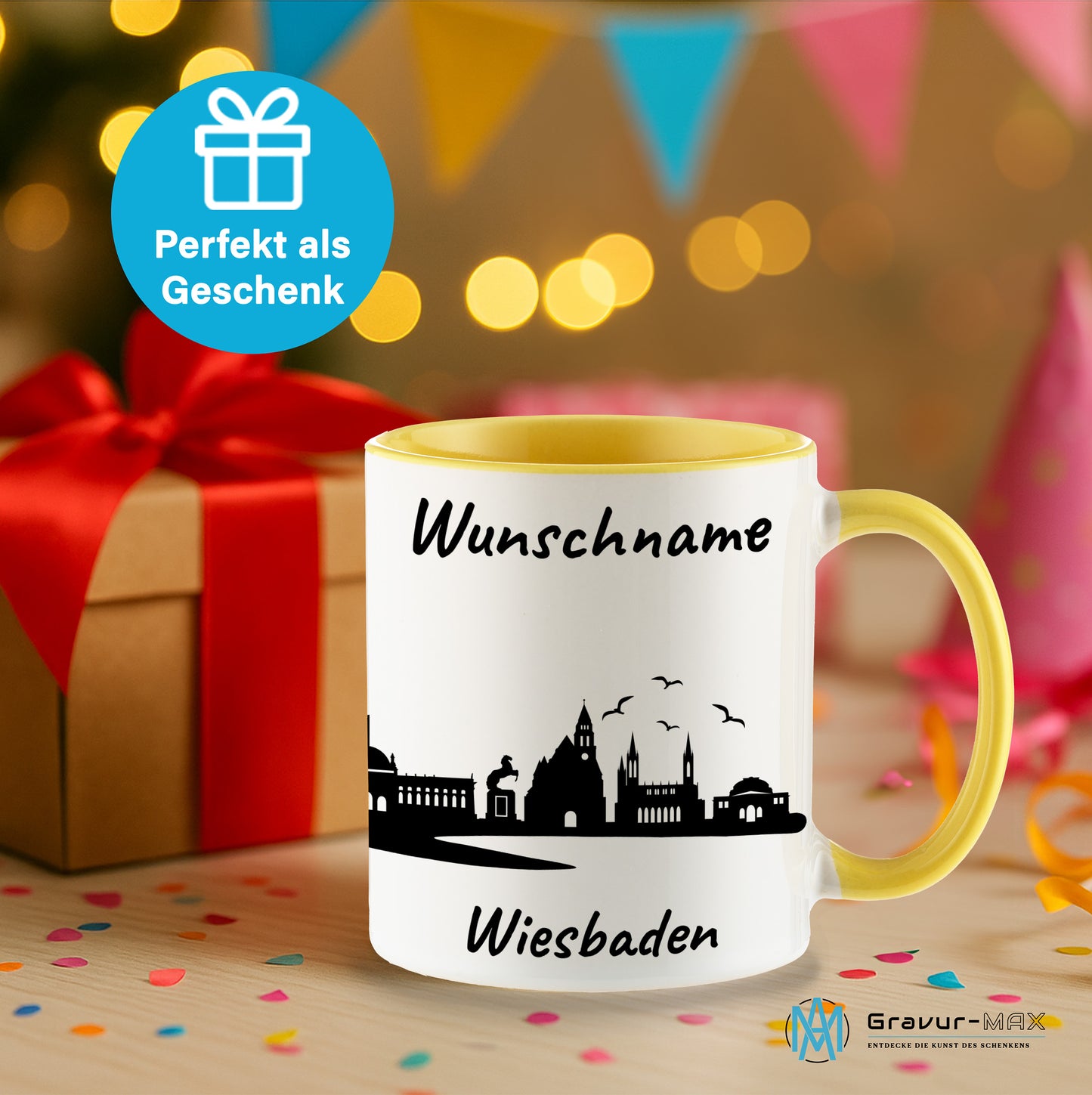 Tasse in Hellgelb 330ml bedruckt mit der Skyline von Wiesbaden personalisierbar mit Wunschname
