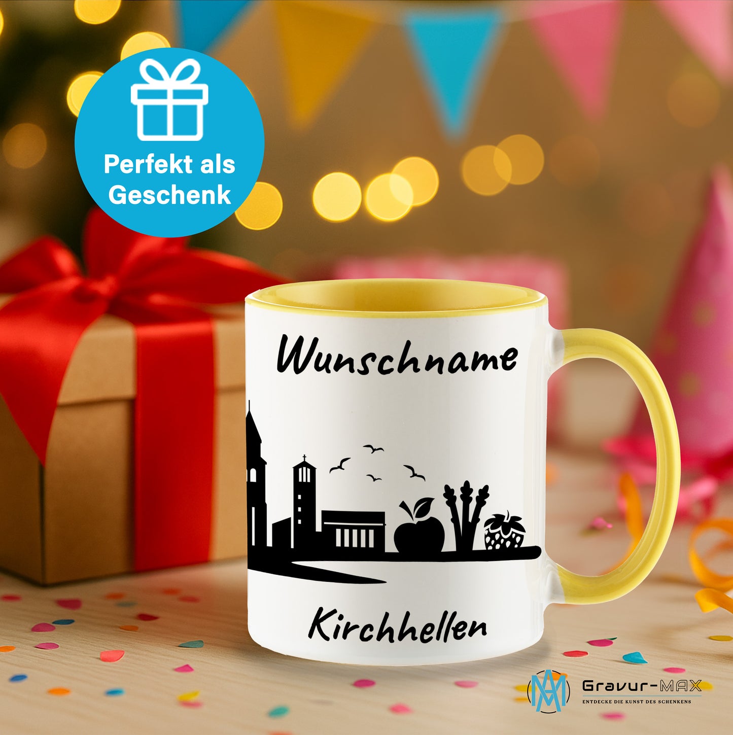 Tasse in Hellgelb 330ml bedruckt mit der Skyline von Kirchhellen personalisierbar mit Wunschname