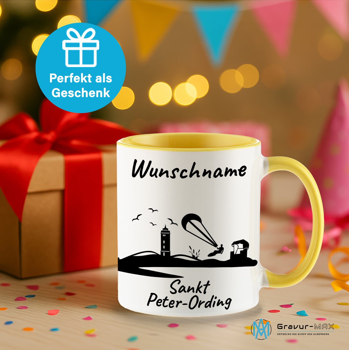 Tasse in Hellgelb 330ml bedruckt mit der Skyline von Sankt Peter-Ording personalisierbar mit Wunschname