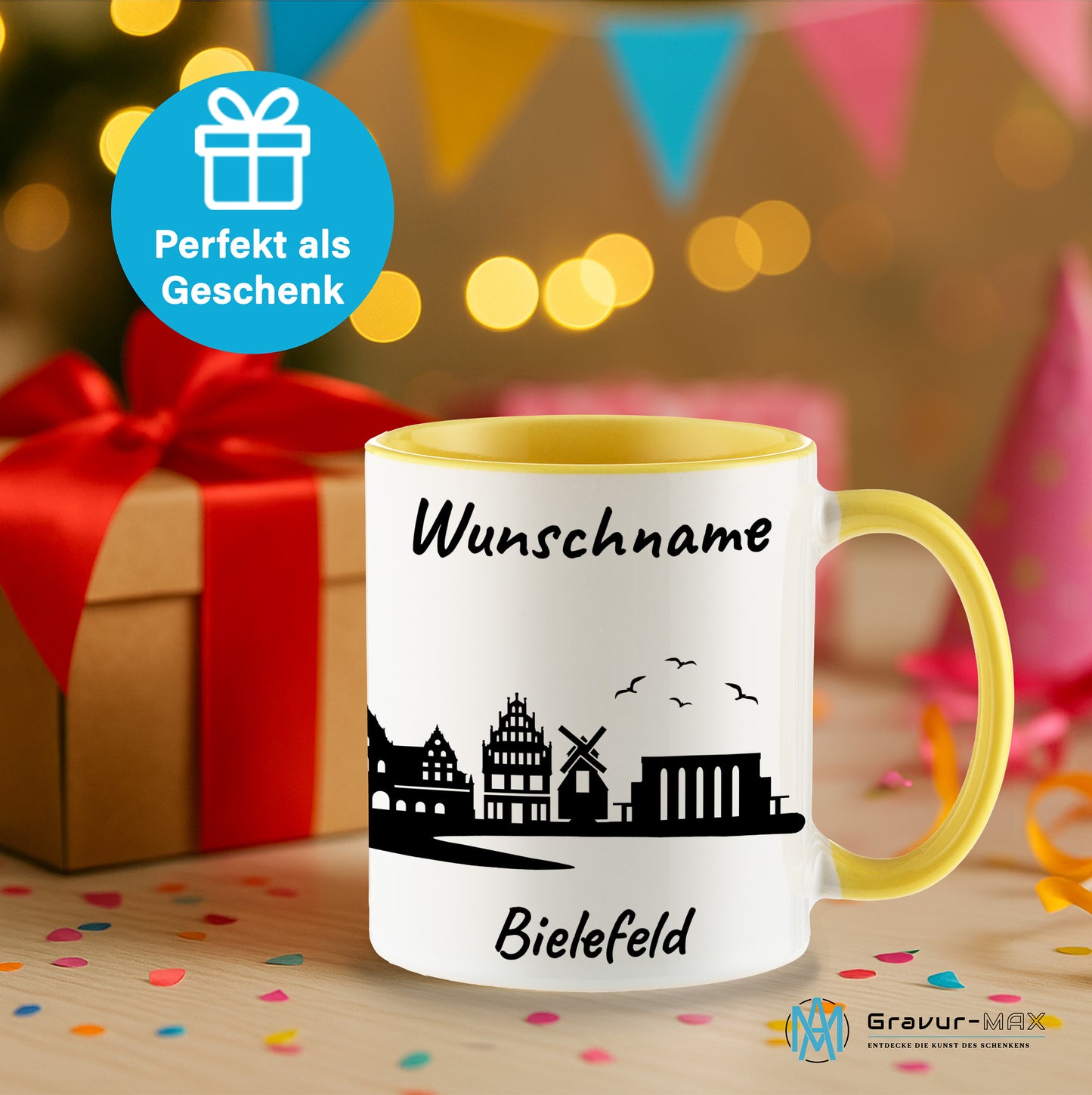 Tasse in Hellgelb 330ml bedruckt mit der Skyline von Bielefeld personalisierbar mit Wunschname