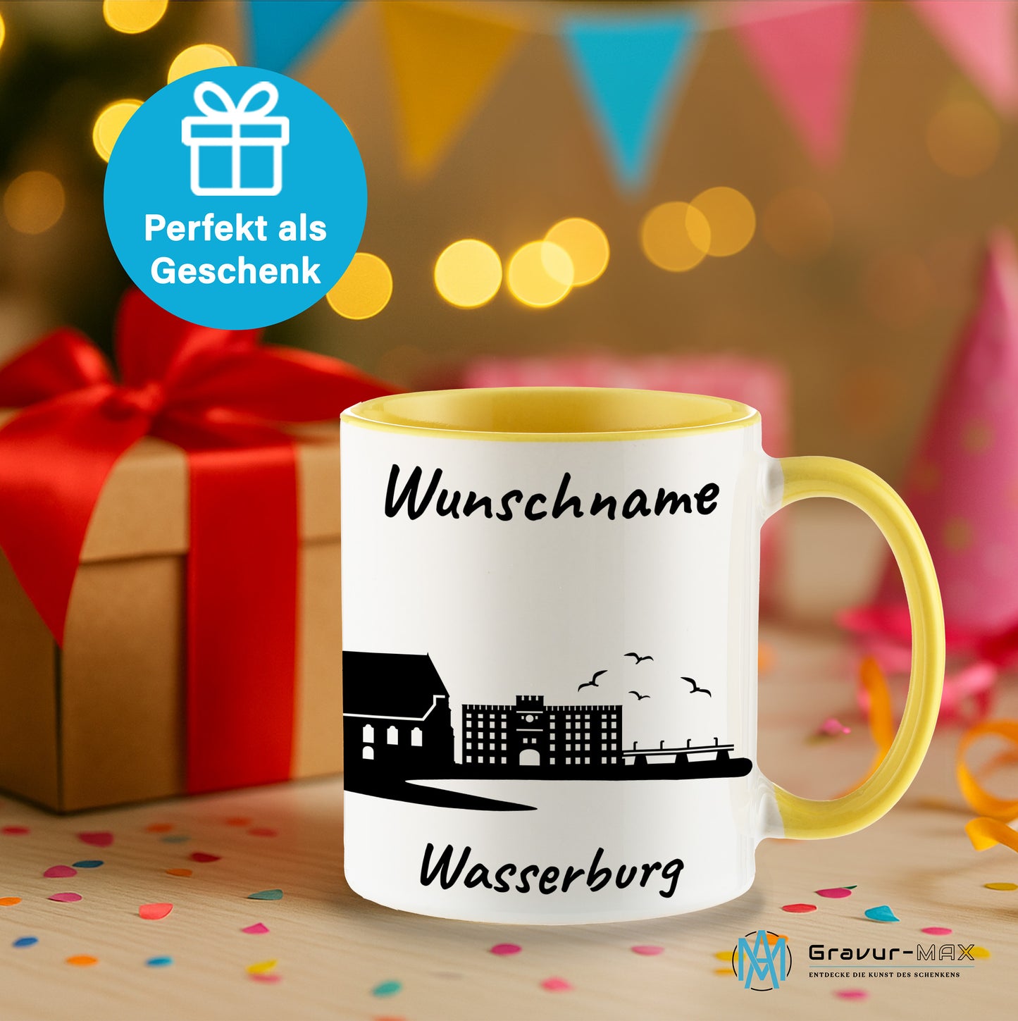 Tasse in Hellgelb 330ml bedruckt mit der Skyline von Wasserburg personalisierbar mit Wunschname