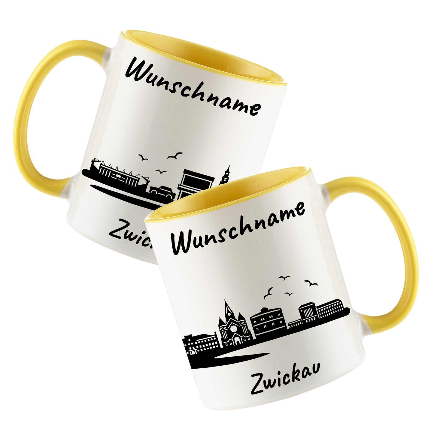 Tasse in Hellgelb 330ml bedruckt mit der Skyline von Zwickau personalisierbar mit Wunschname
