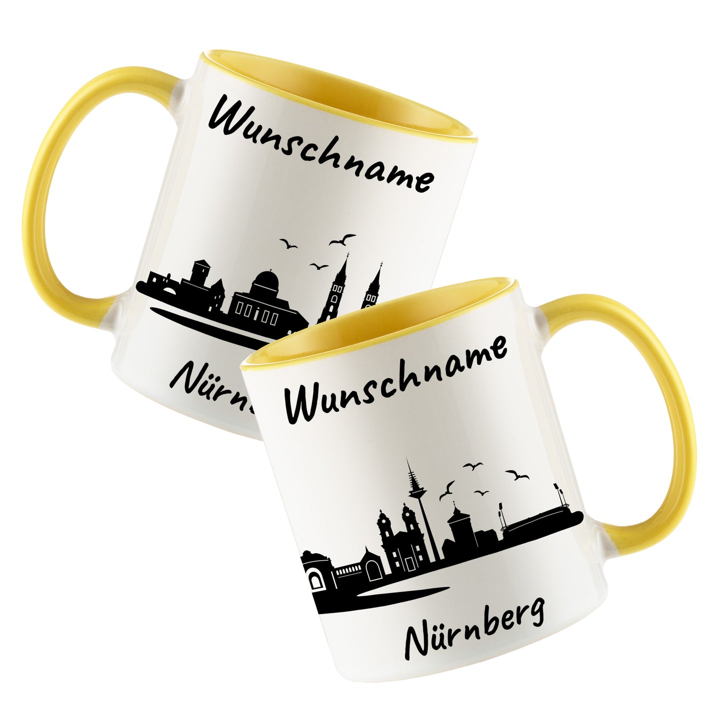 Tasse in Hellgelb 330ml bedruckt mit der Skyline von Nürnberg personalisierbar mit Wunschname