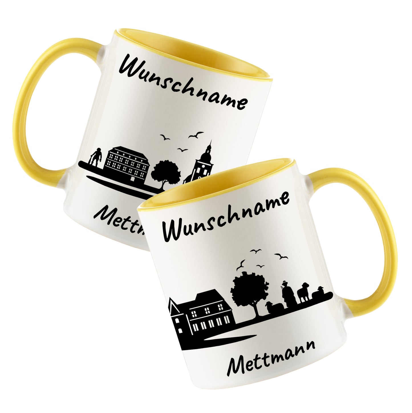 Tasse in Hellgelb 330ml bedruckt mit der Skyline von Mettmann personalisierbar mit Wunschname