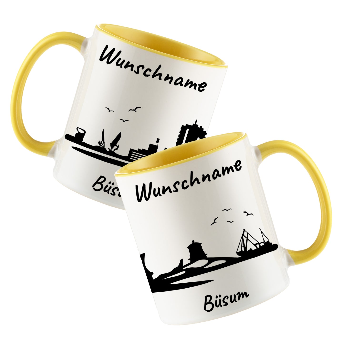 Tasse in Hellgelb 330ml bedruckt mit der Skyline von Büsum personalisierbar mit Wunschname