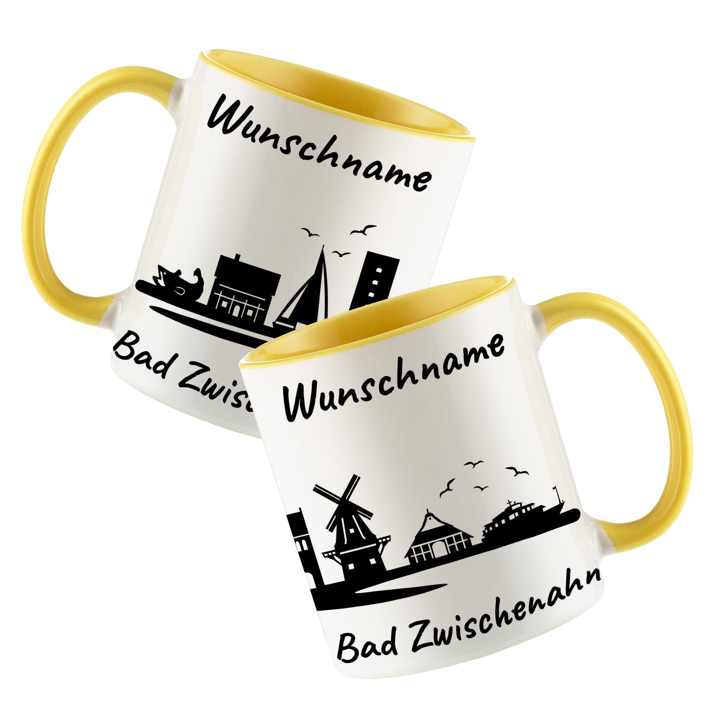 Tasse in Hellgelb 330ml bedruckt mit der Skyline von Bad Zwischenahn personalisierbar mit Wunschname