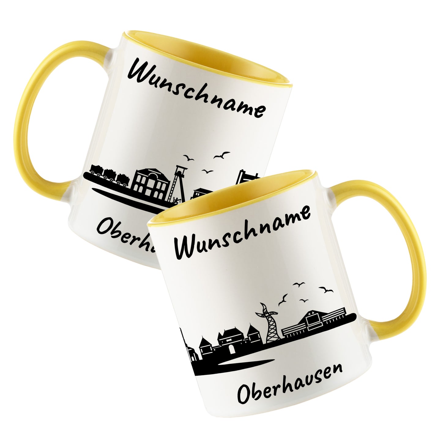 Tasse in Hellgelb 330ml bedruckt mit der Skyline von Oberhausen personalisierbar mit Wunschname