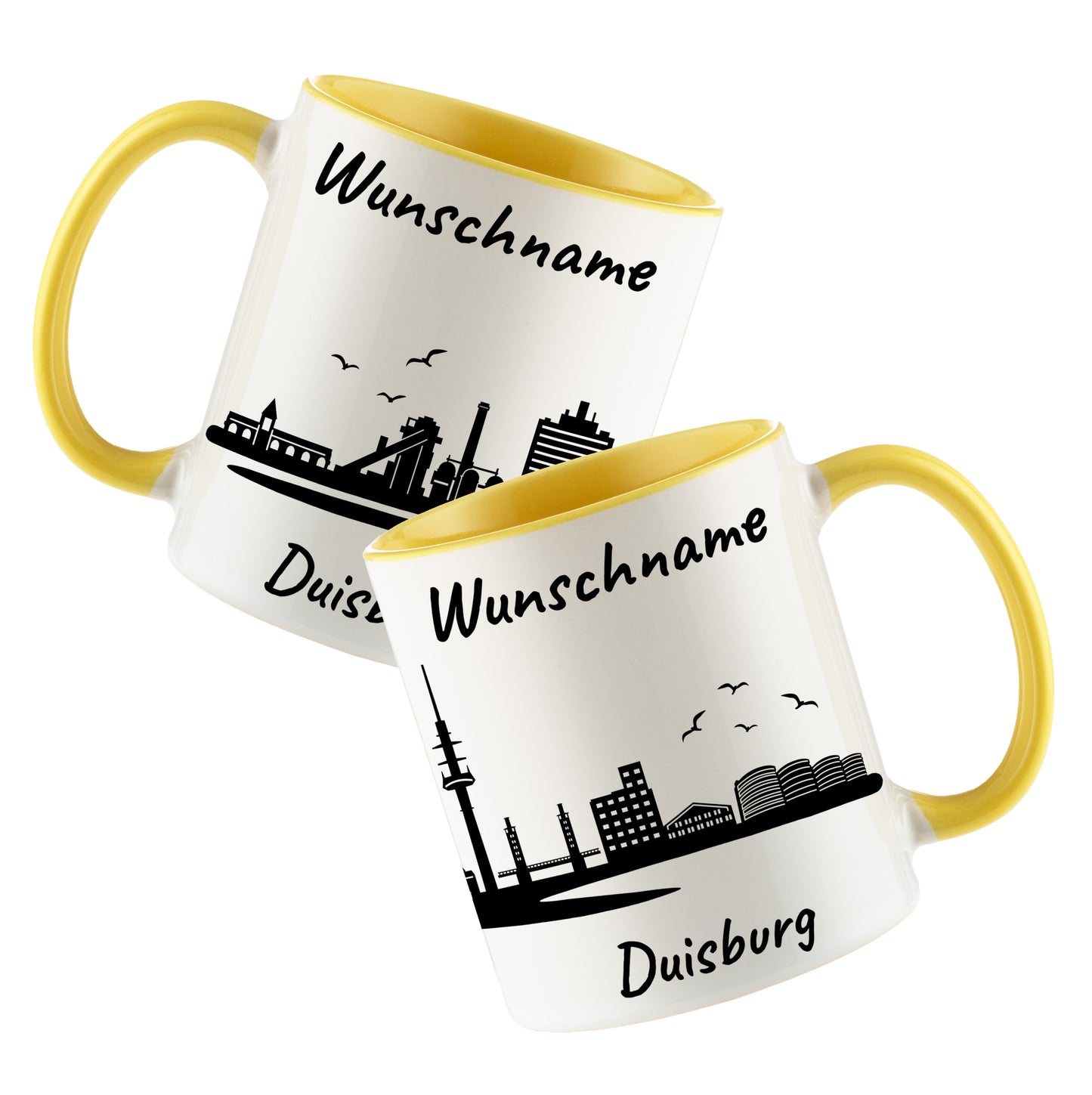 Tasse in Hellgelb 330ml bedruckt mit der Skyline von Duisburg personalisierbar mit Wunschname