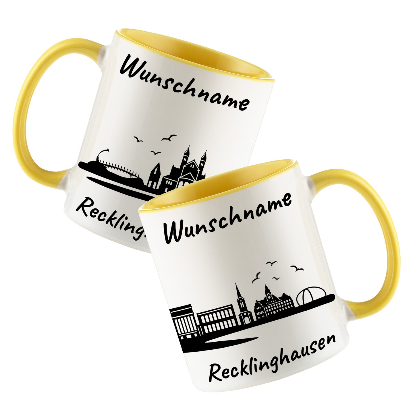 Tasse in Hellgelb 330ml bedruckt mit der Skyline von Recklinghausen personalisierbar mit Wunschname