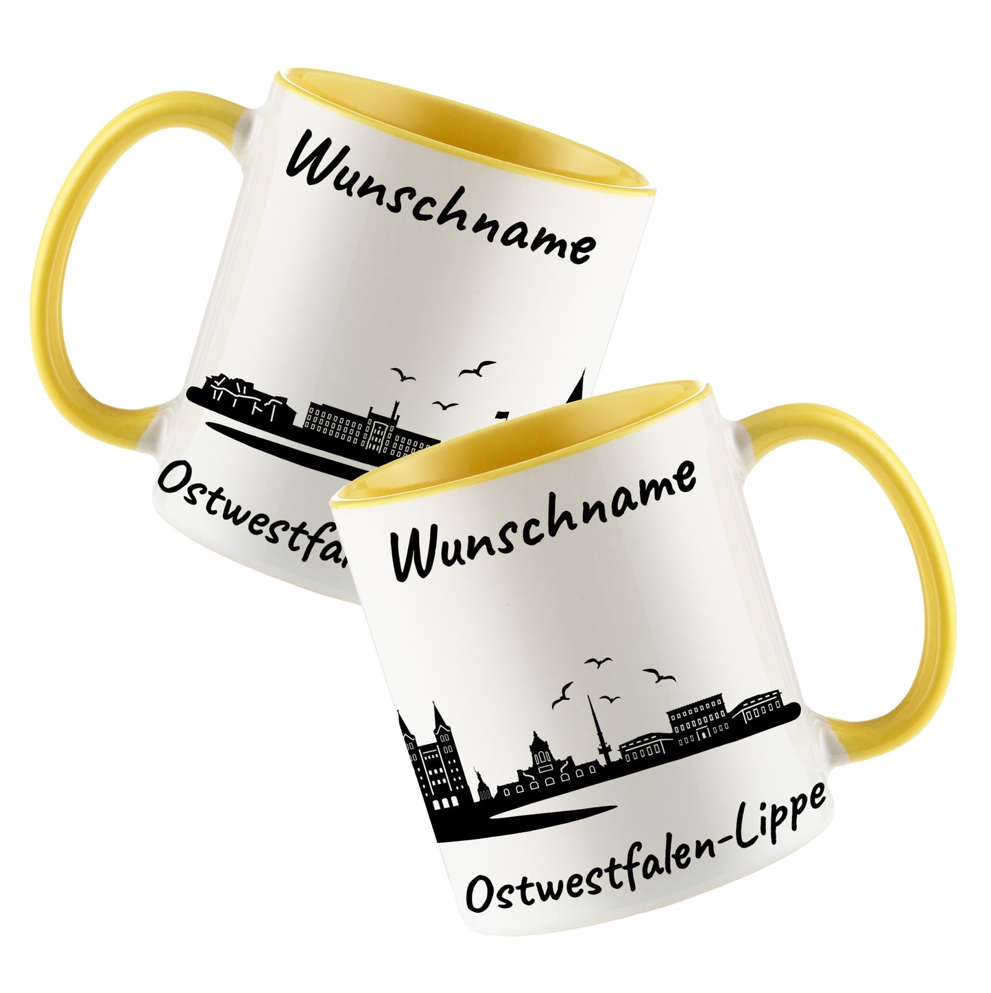 Tasse in Hellgelb 330ml bedruckt mit der Skyline von Ostwestfalen-Lippe personalisierbar mit Wunschname