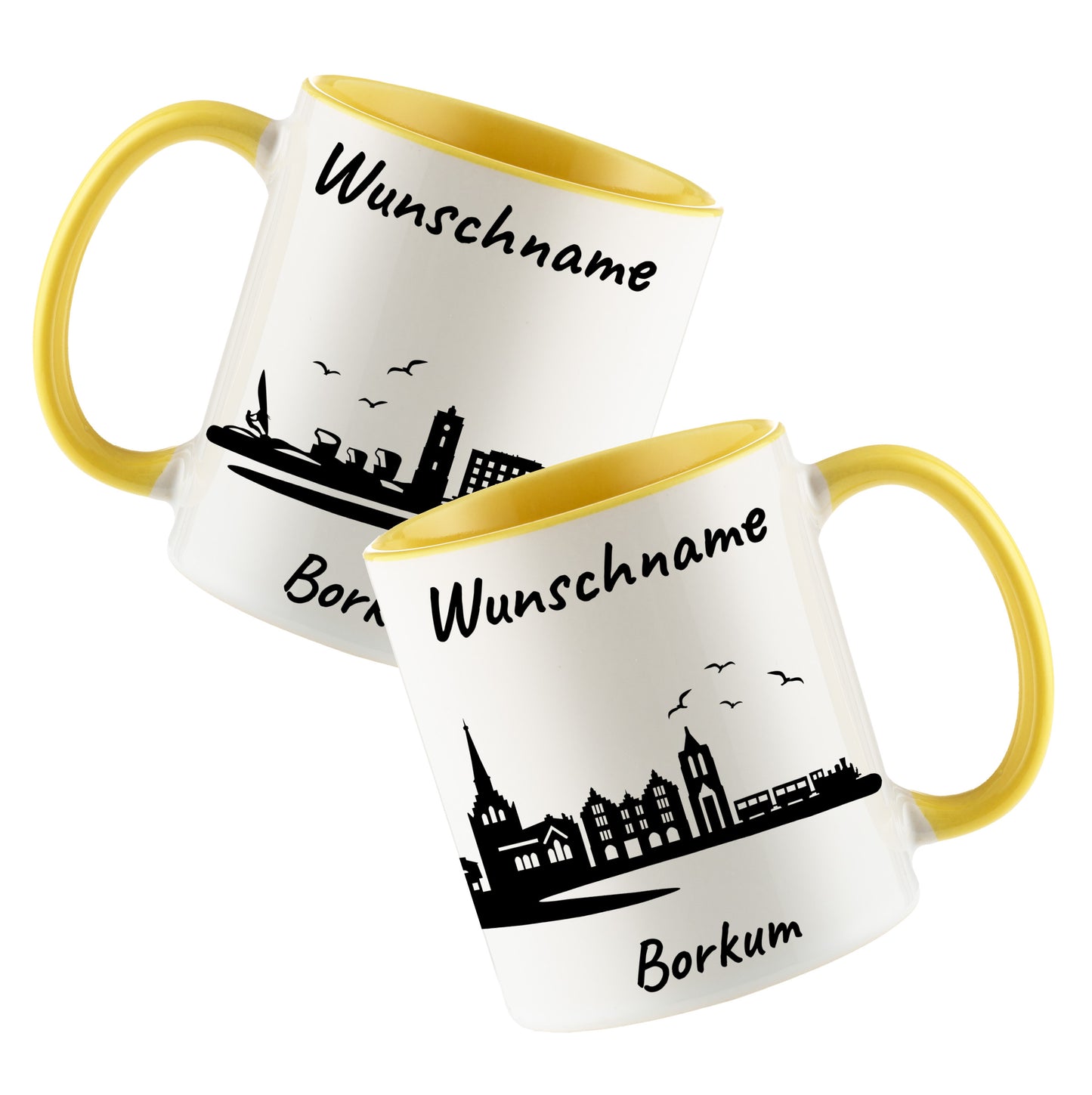 Tasse in Hellgelb 330ml bedruckt mit der Skyline von Borkum personalisierbar mit Wunschname