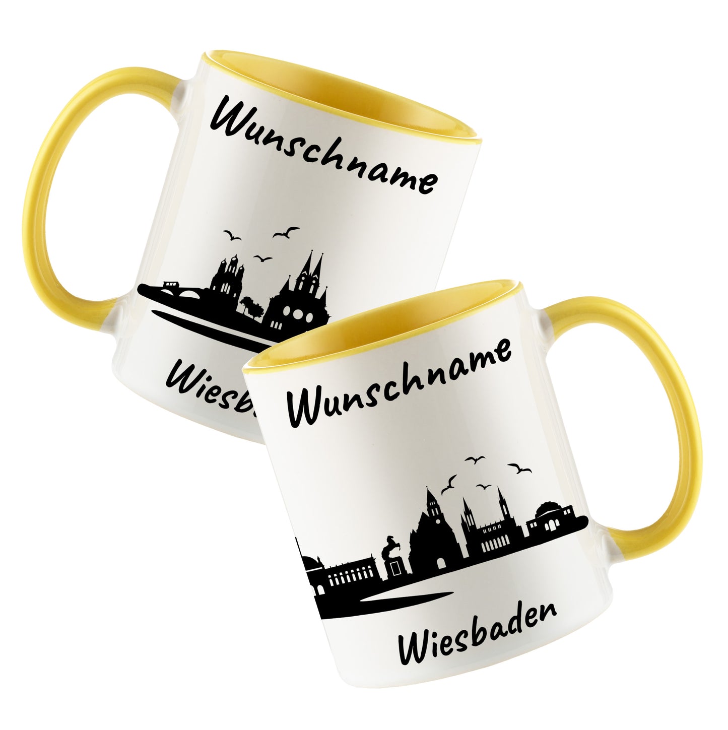 Tasse in Hellgelb 330ml bedruckt mit der Skyline von Wiesbaden personalisierbar mit Wunschname