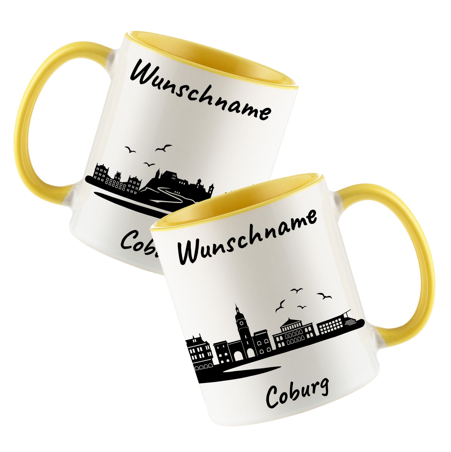 Tasse in Hellgelb 330ml bedruckt mit der Skyline von Coburg personalisierbar mit Wunschname
