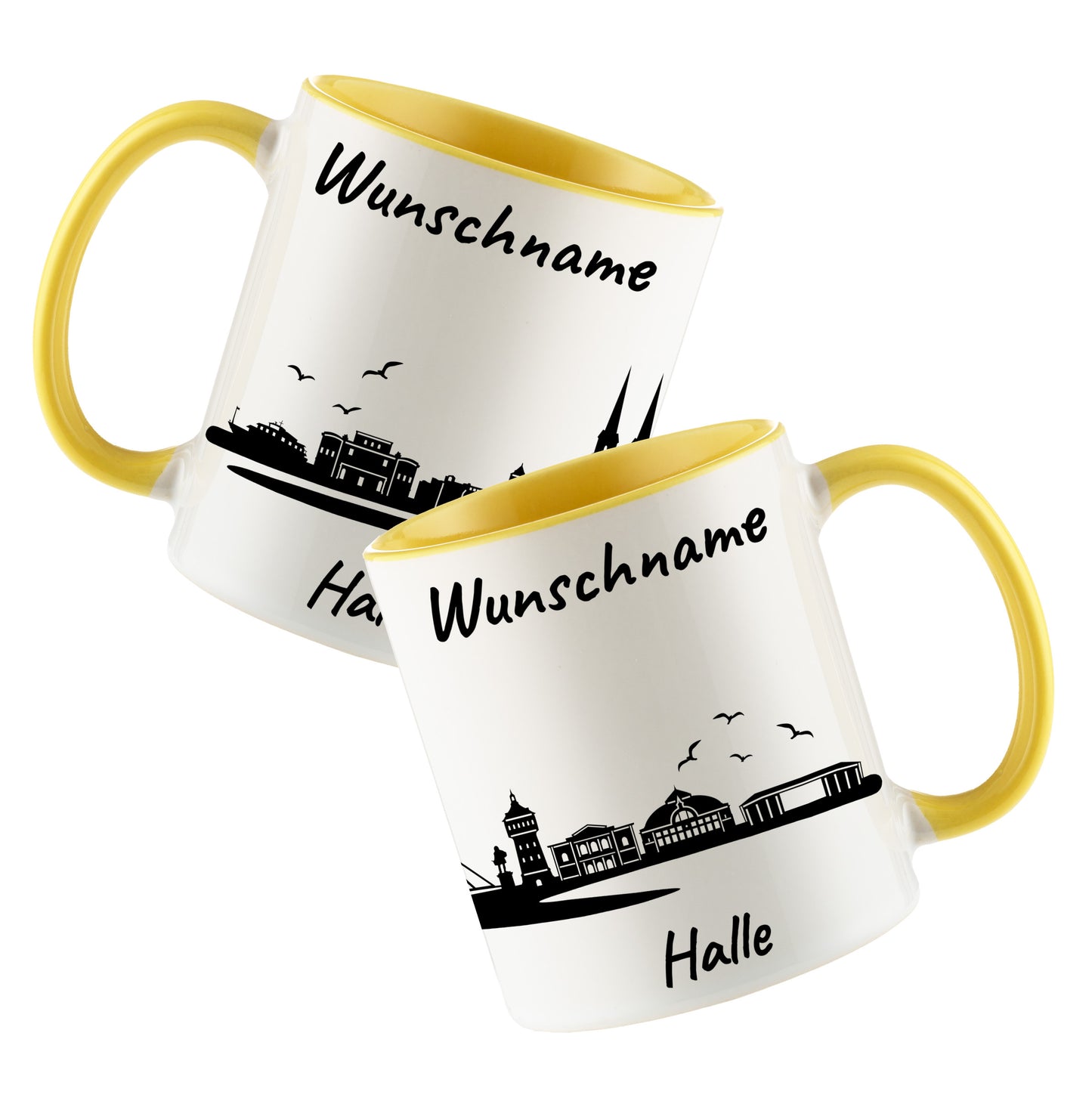 Tasse in Hellgelb 330ml bedruckt mit der Skyline von Halle personalisierbar mit Wunschname