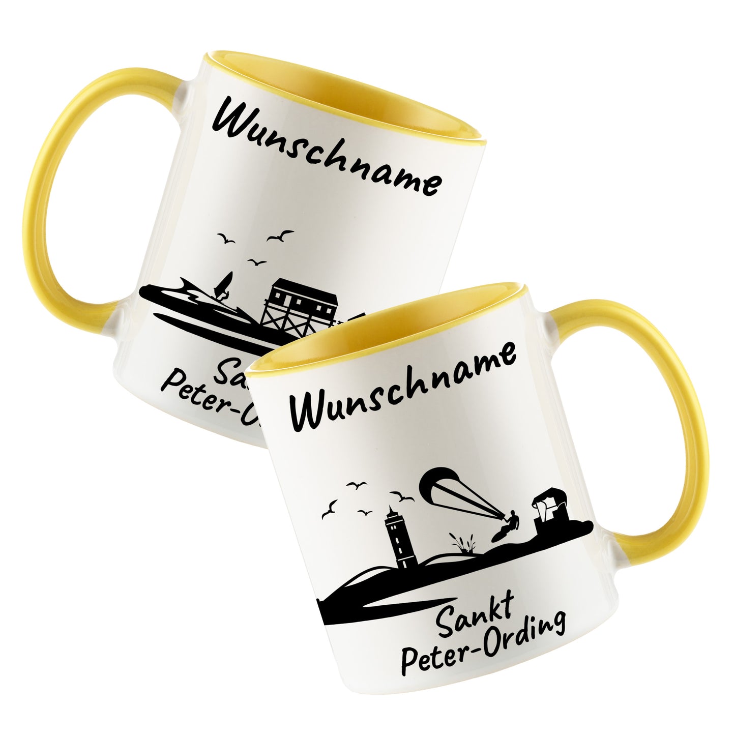 Tasse in Hellgelb 330ml bedruckt mit der Skyline von Sankt Peter-Ording personalisierbar mit Wunschname