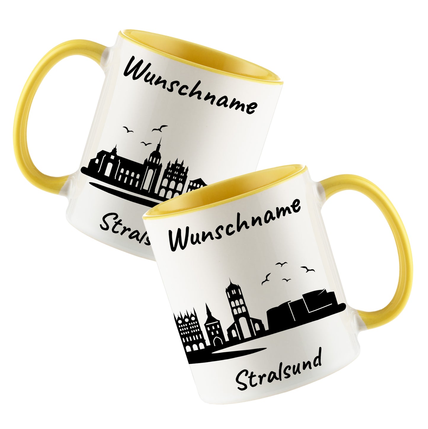 Tasse in Hellgelb 330ml bedruckt mit der Skyline von Stralsund personalisierbar mit Wunschname