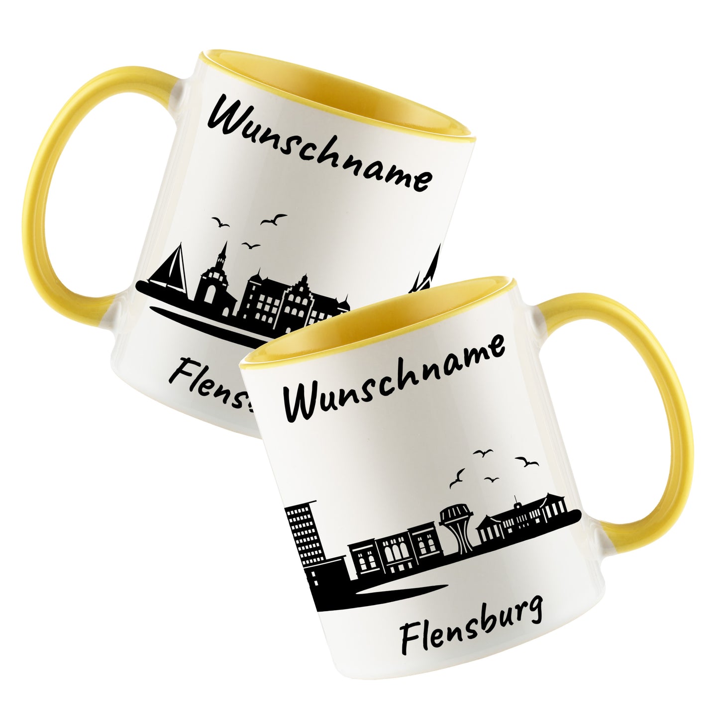 Tasse in Hellgelb 330ml bedruckt mit der Skyline von Flensburg personalisierbar mit Wunschname
