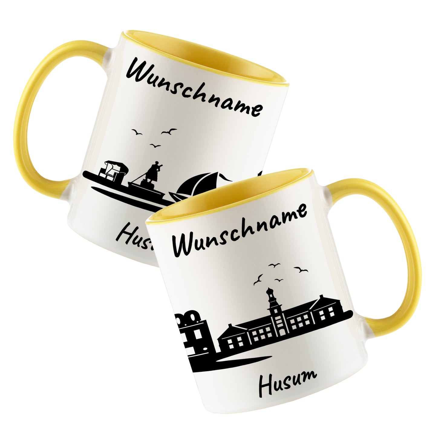 Tasse in Hellgelb 330ml bedruckt mit der Skyline von Husum personalisierbar mit Wunschname