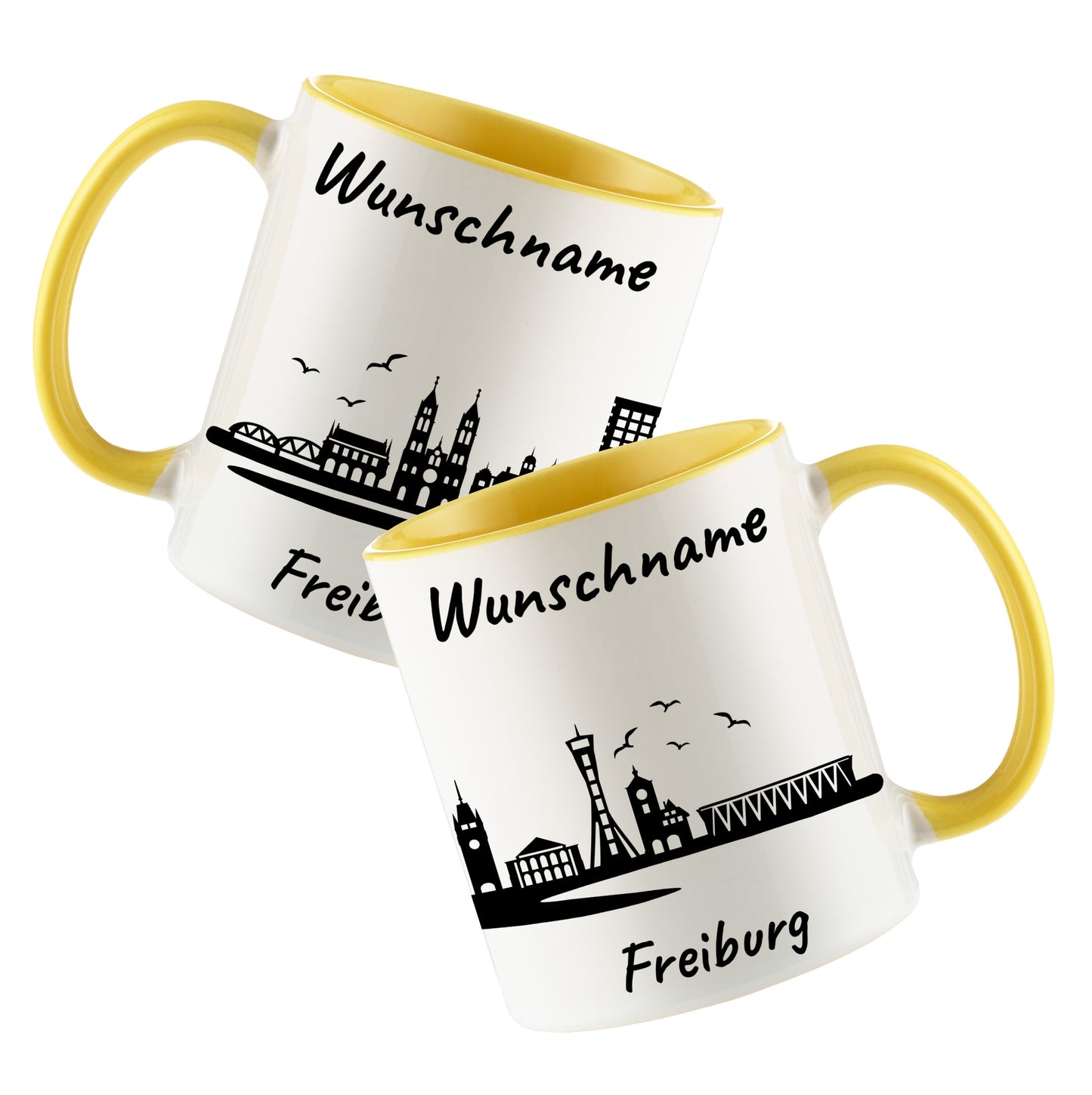 Tasse in Hellgelb 330ml bedruckt mit der Skyline von Freiburg personalisierbar mit Wunschname