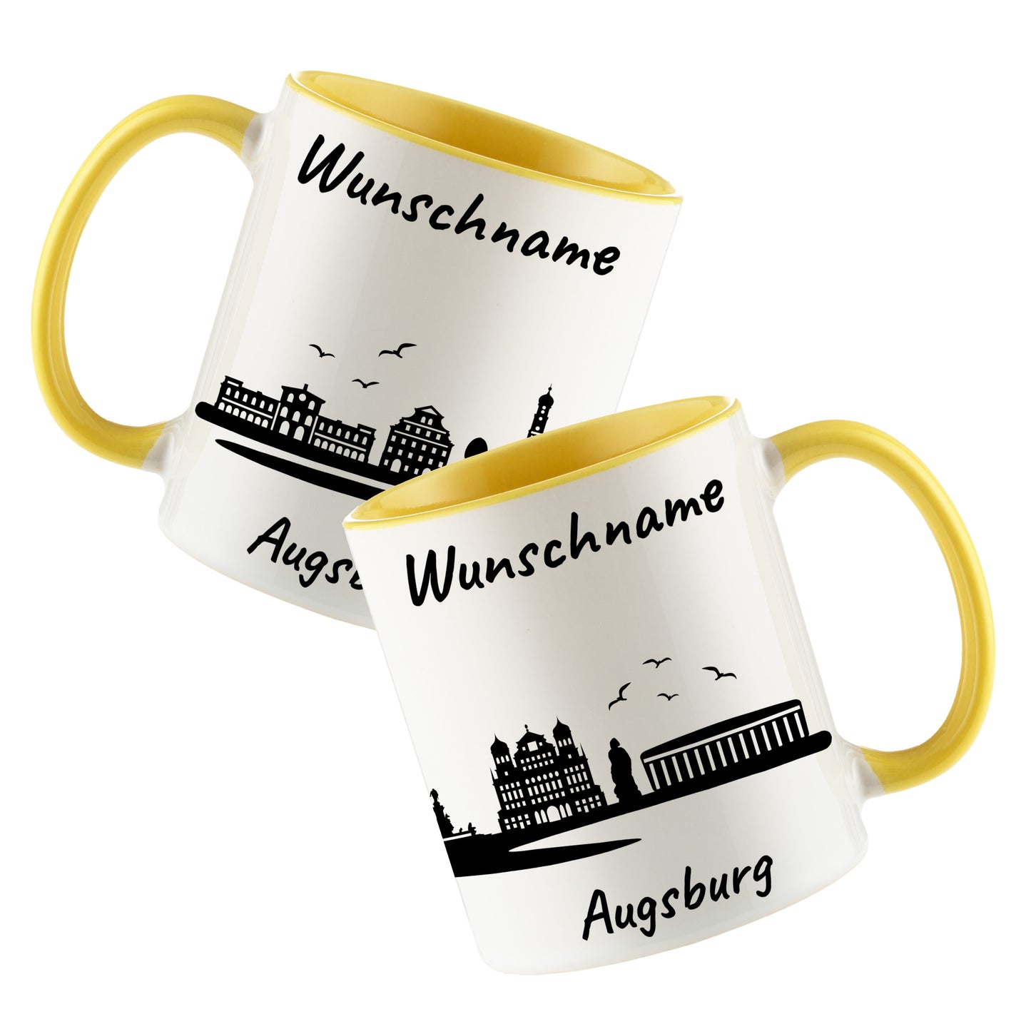 Tasse in Hellgelb 330ml bedruckt mit der Skyline von Augsburg personalisierbar mit Wunschname