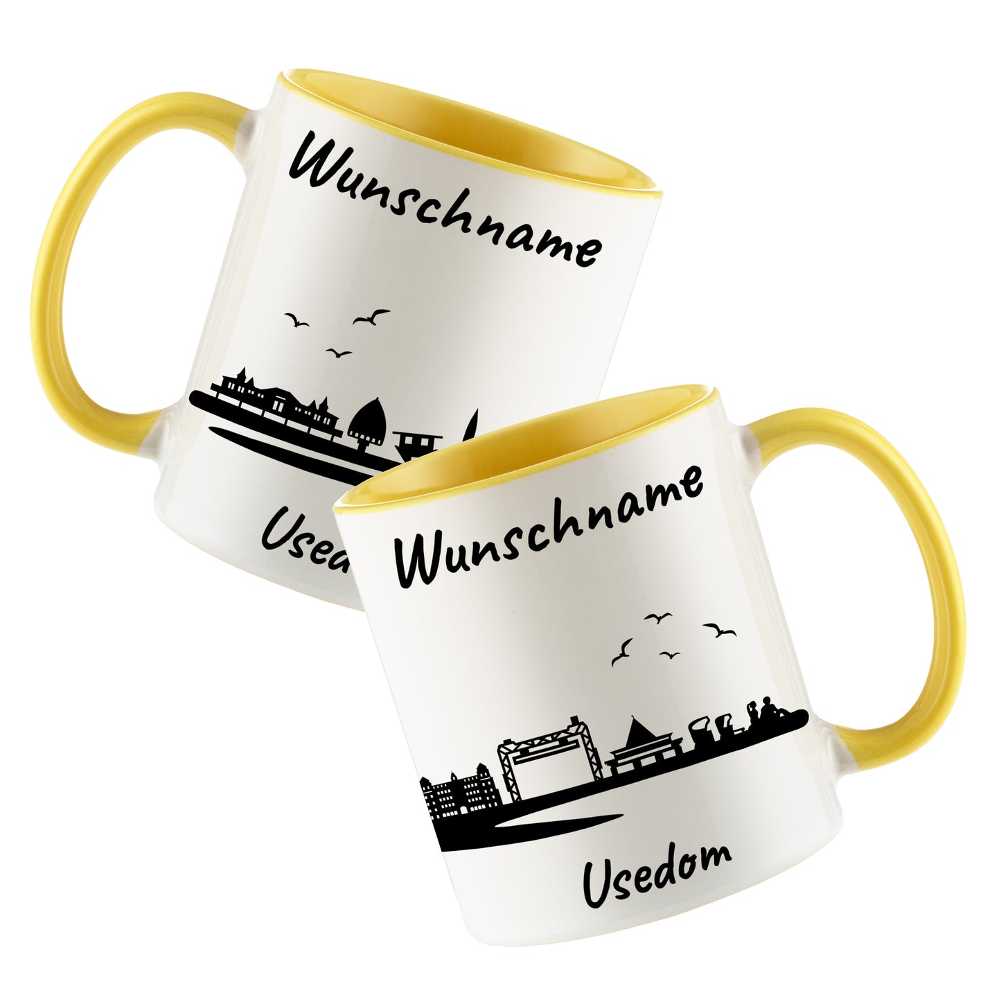 Tasse in Hellgelb 330ml bedruckt mit der Skyline von Usedom personalisierbar mit Wunschname