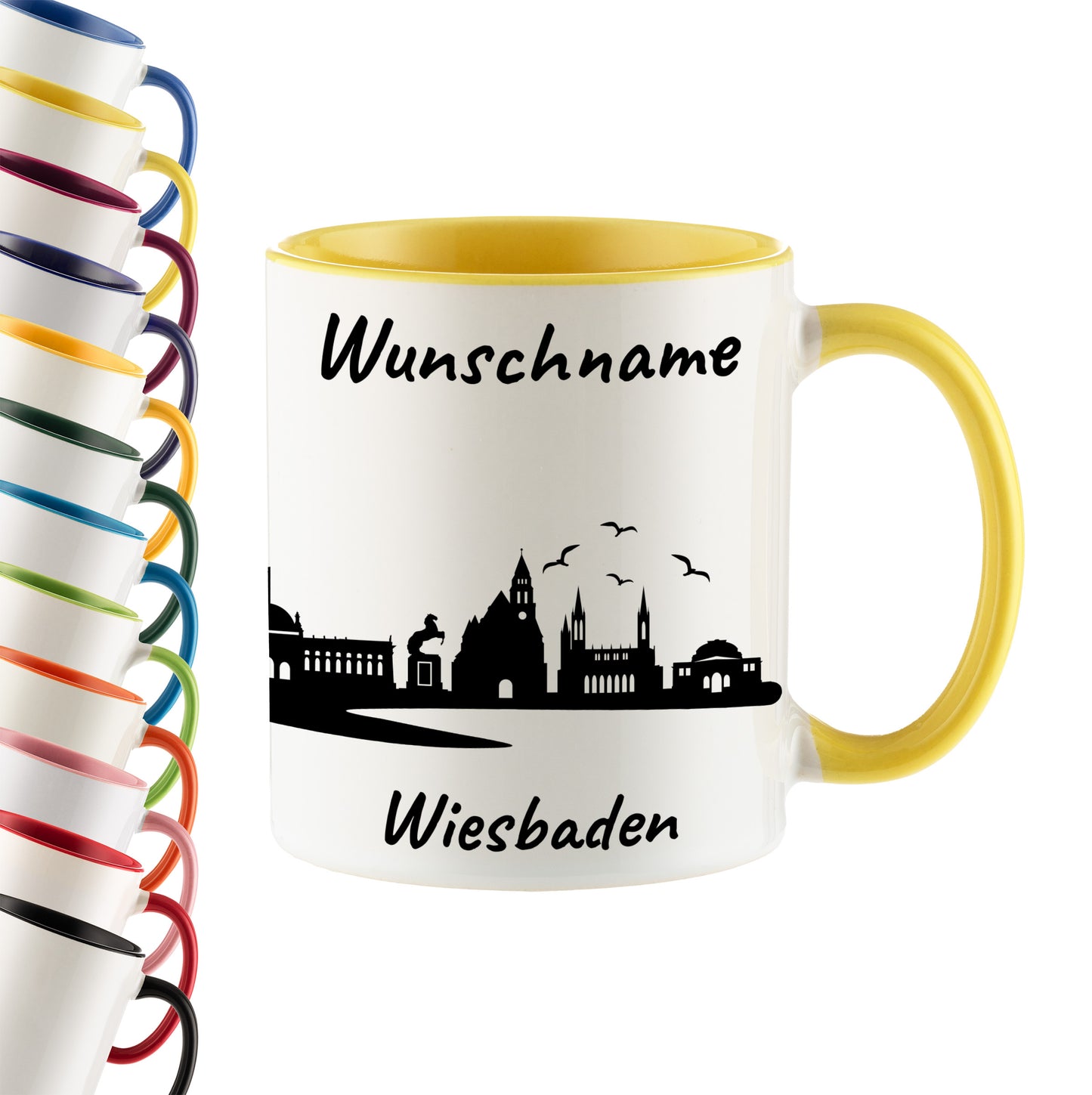 Tasse in Hellgelb 330ml bedruckt mit der Skyline von Wiesbaden personalisierbar mit Wunschname