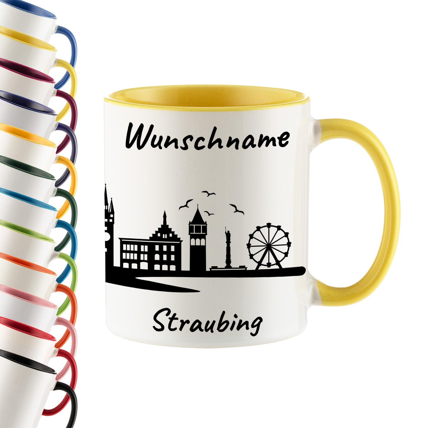 Tasse in Hellgelb 330ml bedruckt mit der Skyline von Straubing personalisierbar mit Wunschname