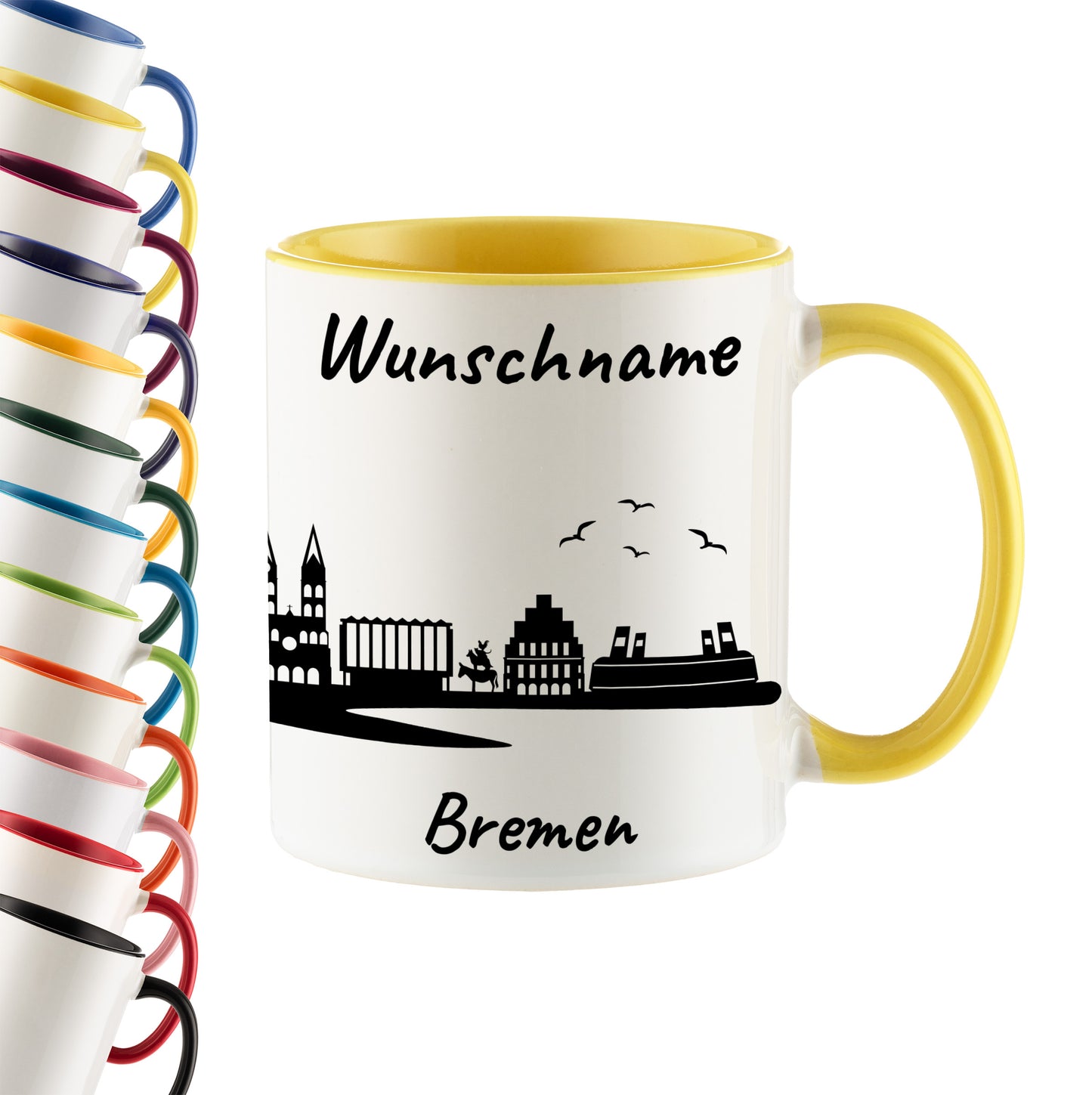 Tasse in Hellgelb 330ml bedruckt mit der Skyline von Bremen personalisierbar mit Wunschname