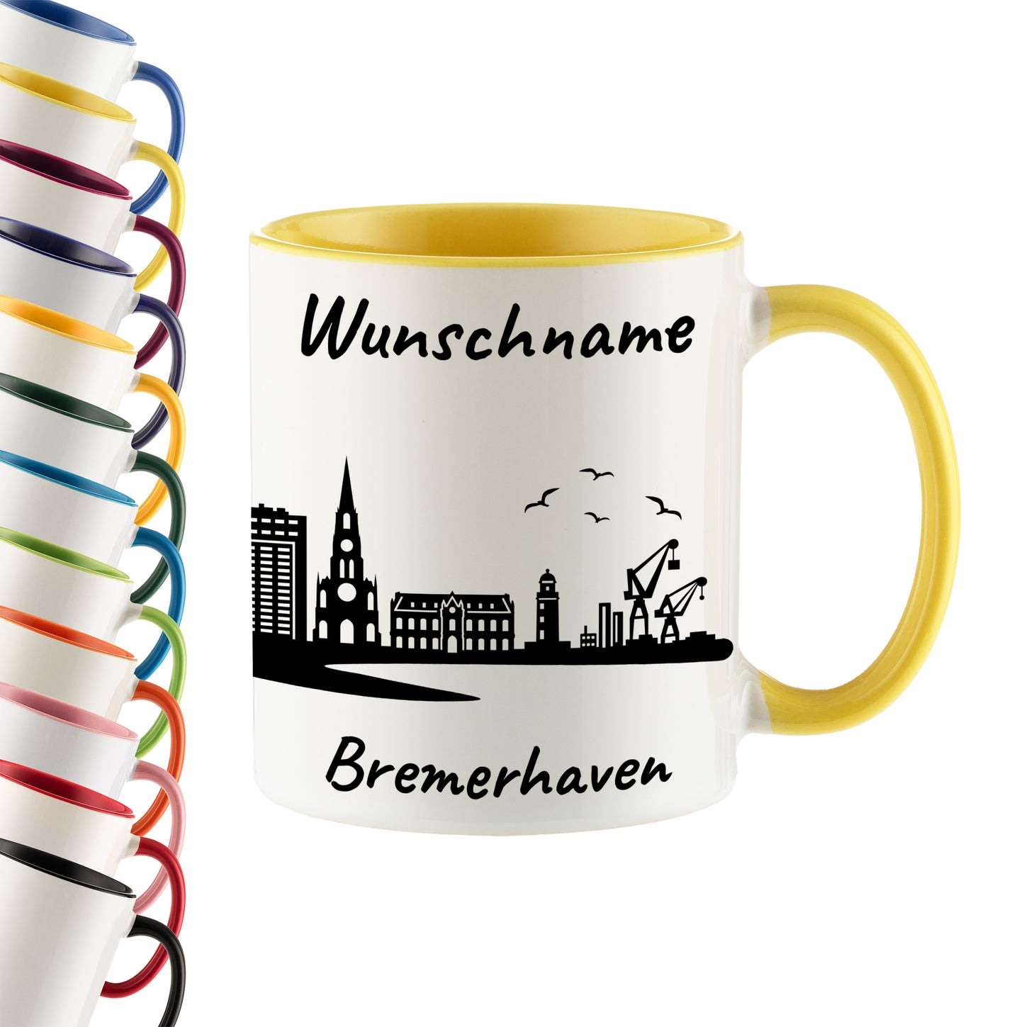 Tasse in Hellgelb 330ml bedruckt mit der Skyline von Bremerhaven personalisierbar mit Wunschname