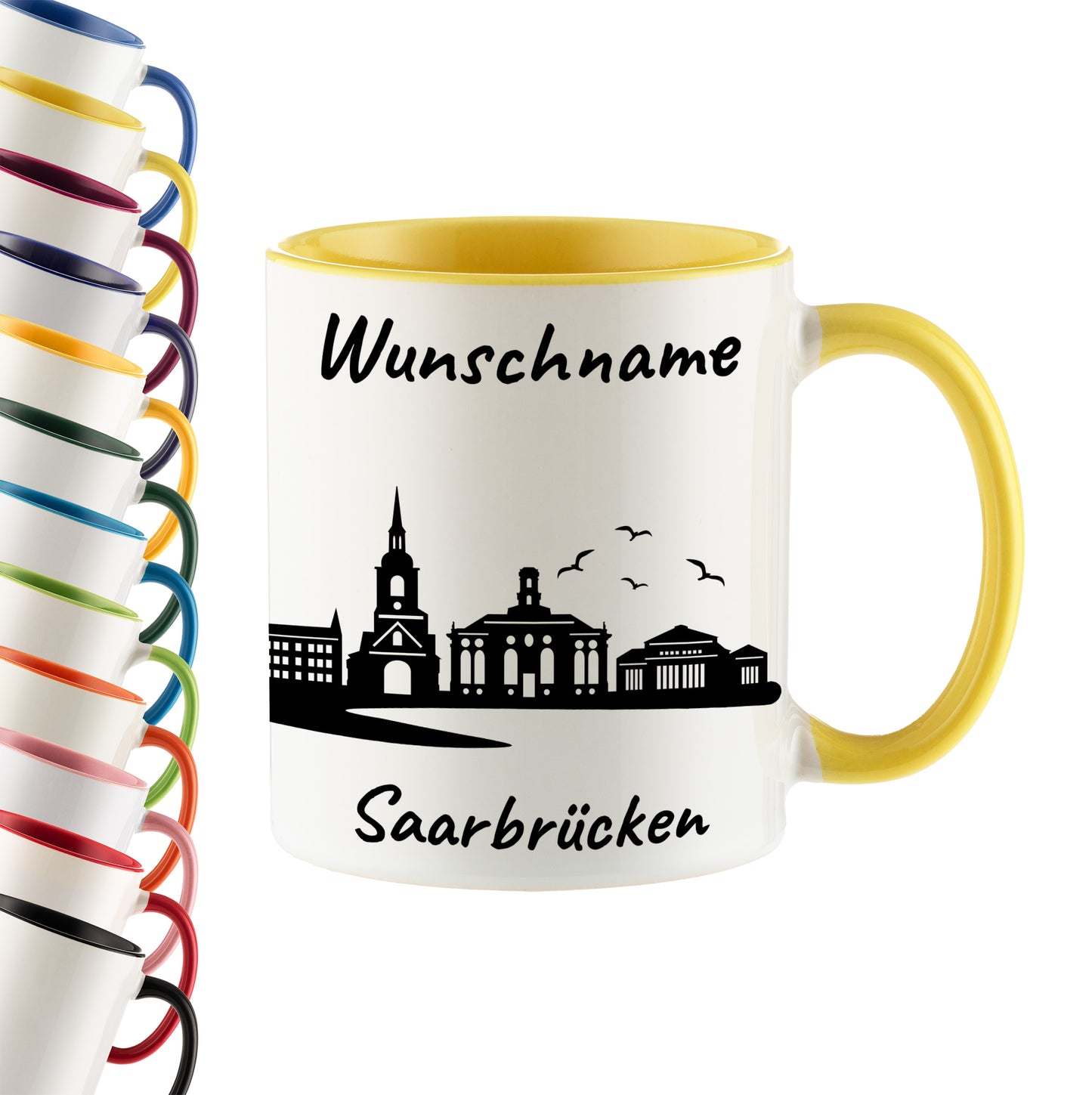 Tasse in Hellgelb 330ml bedruckt mit der Skyline von Saarbrücken personalisierbar mit Wunschname