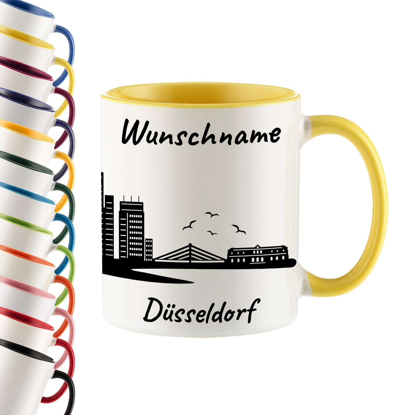 Tasse in Hellgelb 330ml bedruckt mit der Skyline von Düsseldorf personalisierbar mit Wunschname