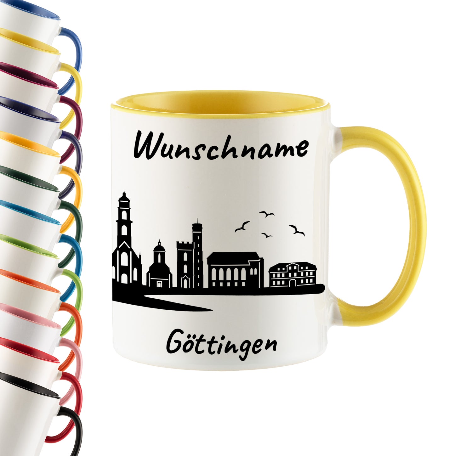 Tasse in Hellgelb 330ml bedruckt mit der Skyline von Göttingen personalisierbar mit Wunschname