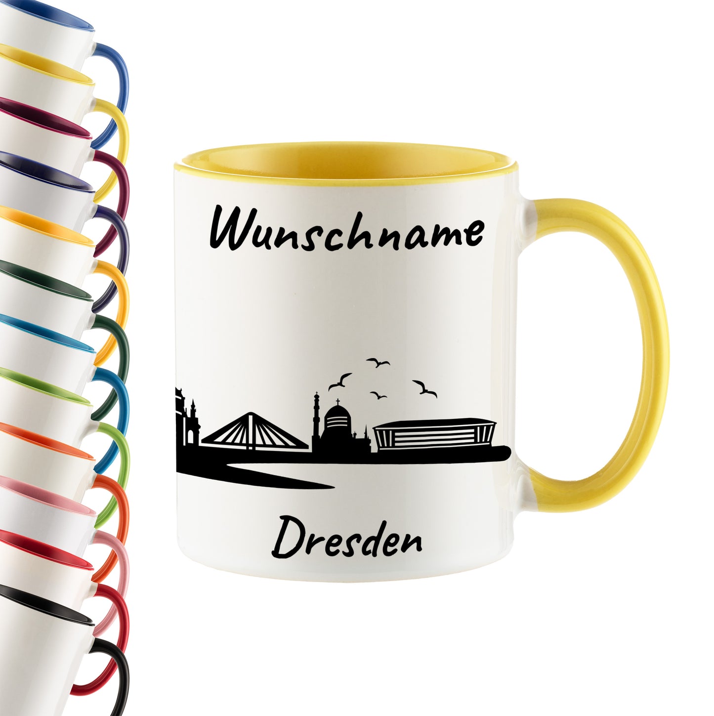 Tasse in Hellgelb 330ml bedruckt mit der Skyline von Dresden personalisierbar mit Wunschname