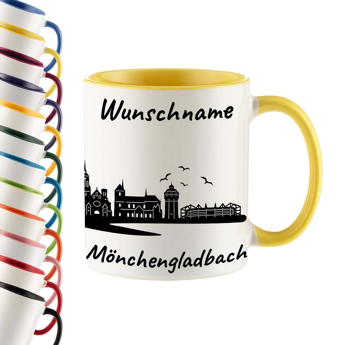 Tasse in Hellgelb 330ml bedruckt mit der Skyline von Mönchengladbach personalisierbar mit Wunschname