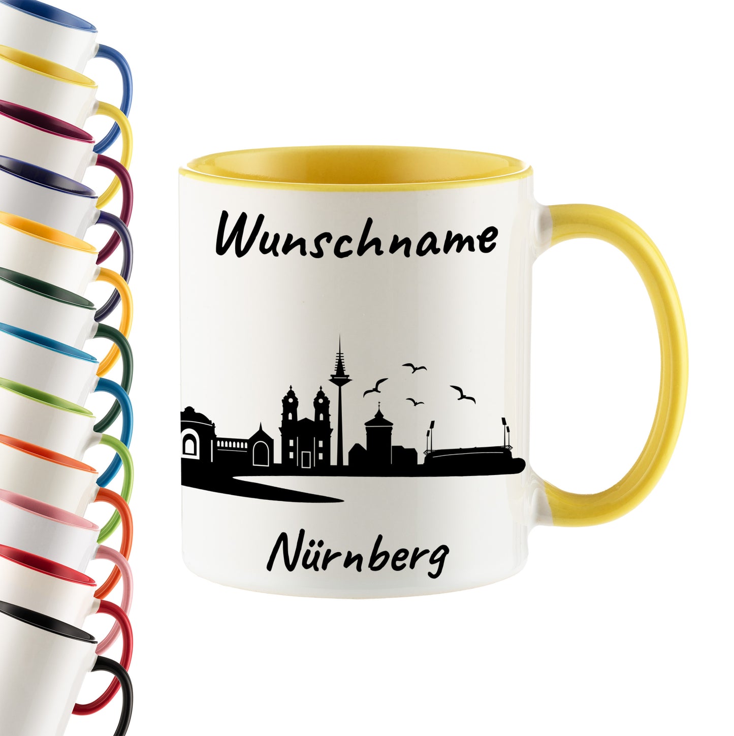 Tasse in Hellgelb 330ml bedruckt mit der Skyline von Nürnberg personalisierbar mit Wunschname