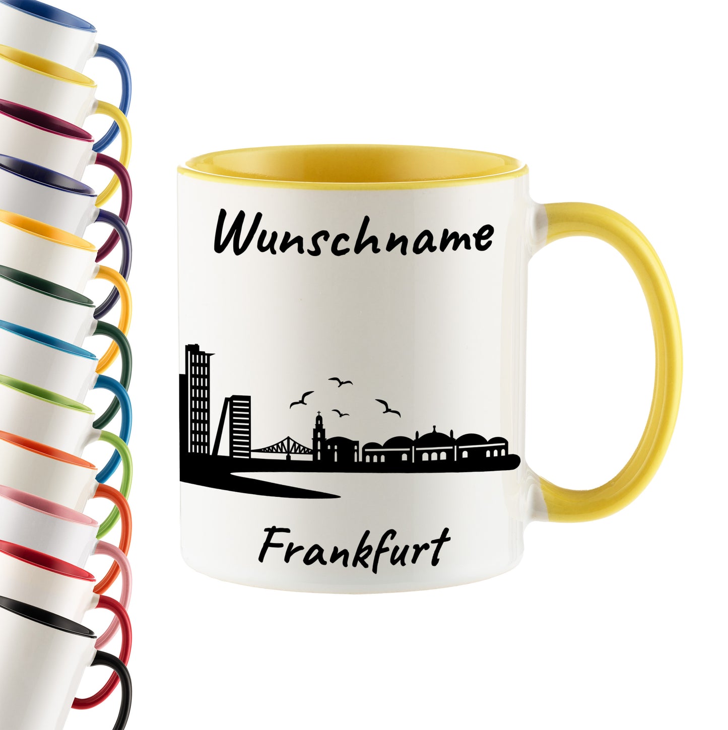 Tasse in Hellgelb 330ml bedruckt mit der Skyline von Frankfurt personalisierbar mit Wunschname
