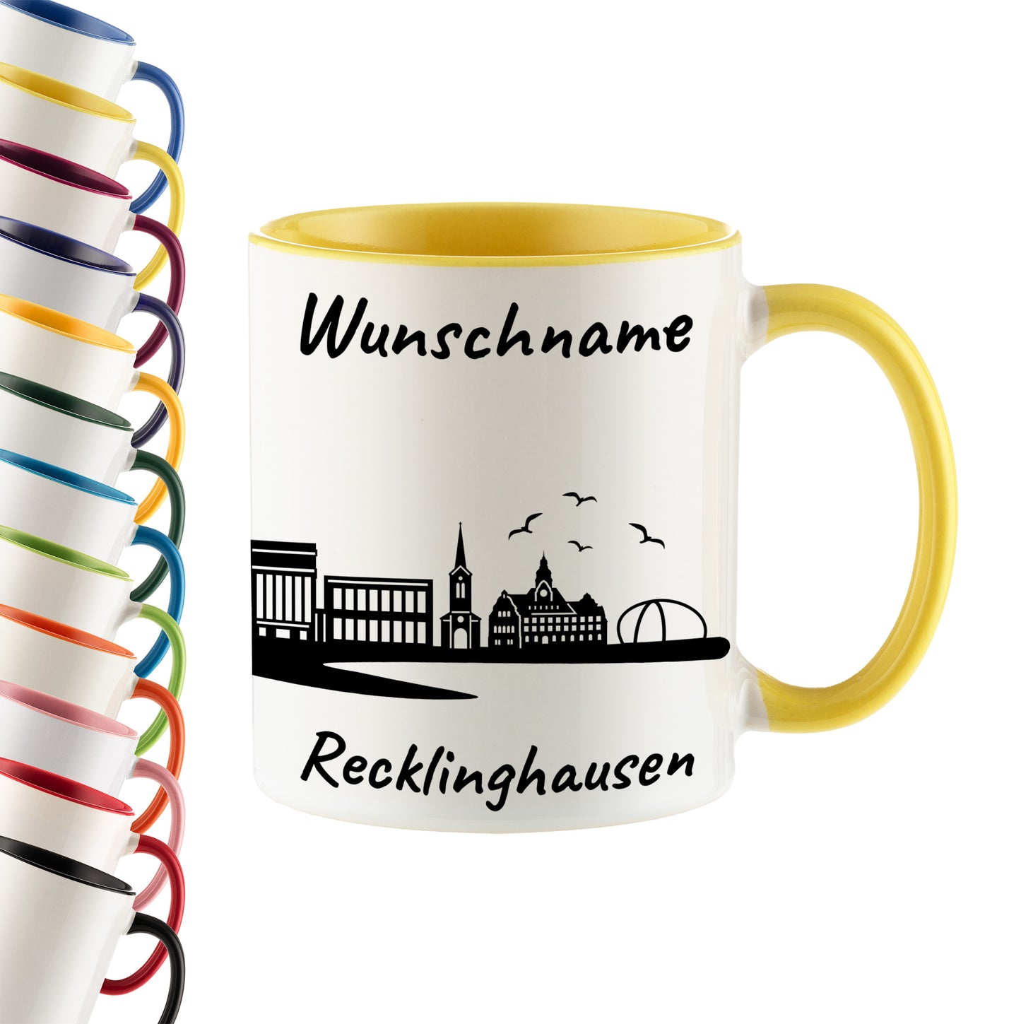 Tasse in Hellgelb 330ml bedruckt mit der Skyline von Recklinghausen personalisierbar mit Wunschname