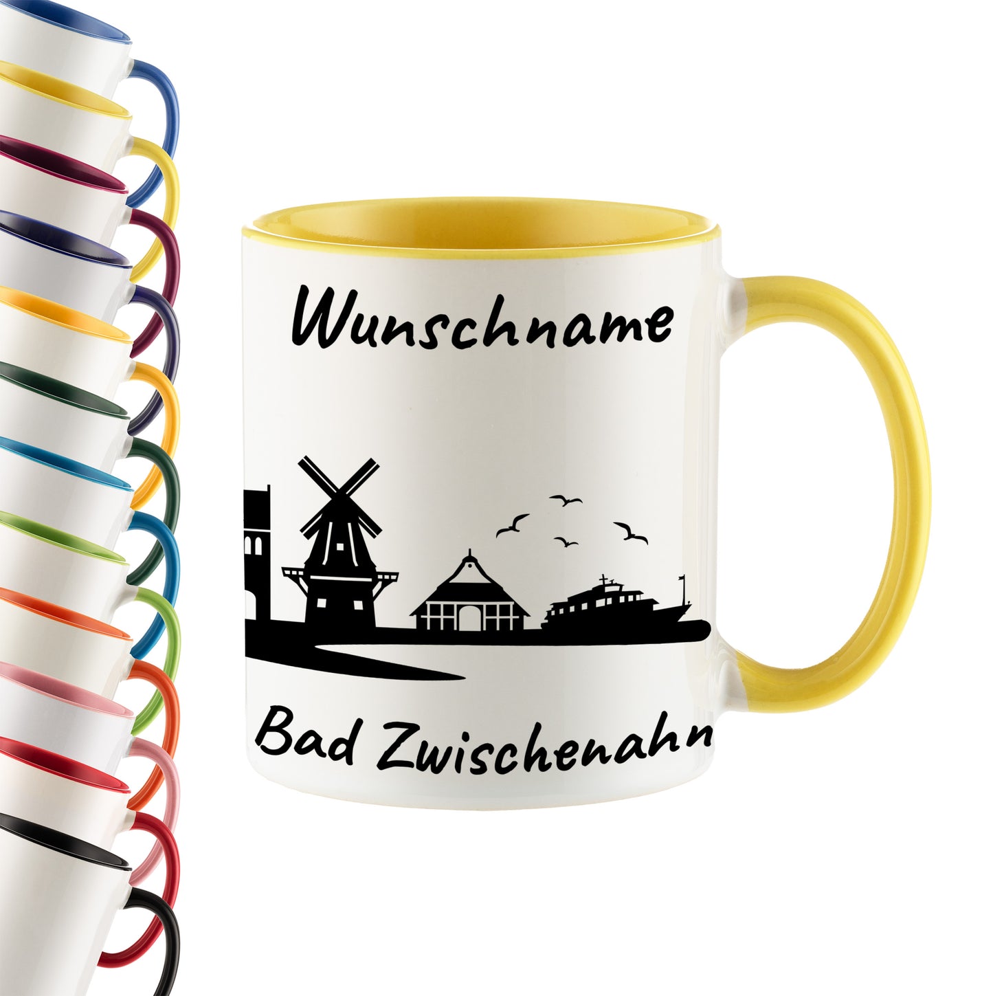 Tasse in Hellgelb 330ml bedruckt mit der Skyline von Bad Zwischenahn personalisierbar mit Wunschname