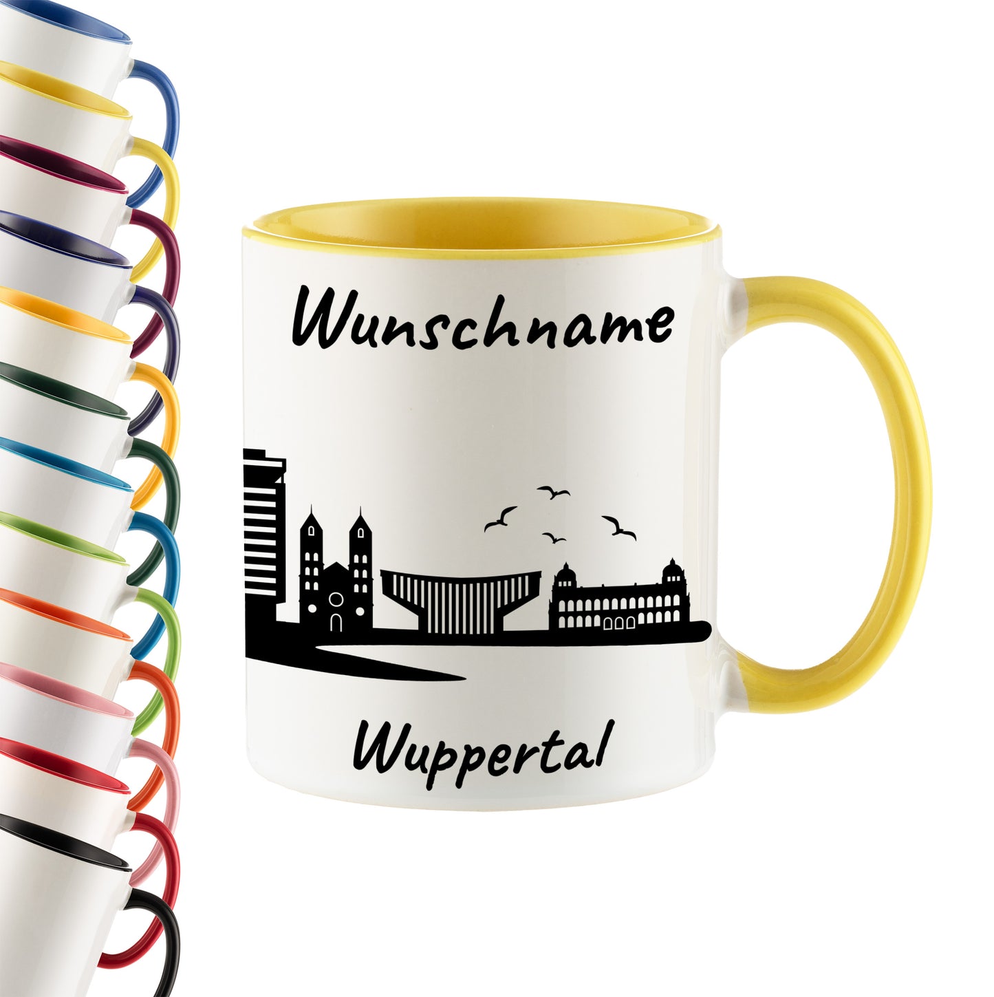 Tasse in Hellgelb 330ml bedruckt mit der Skyline von Wuppertal personalisierbar mit Wunschname