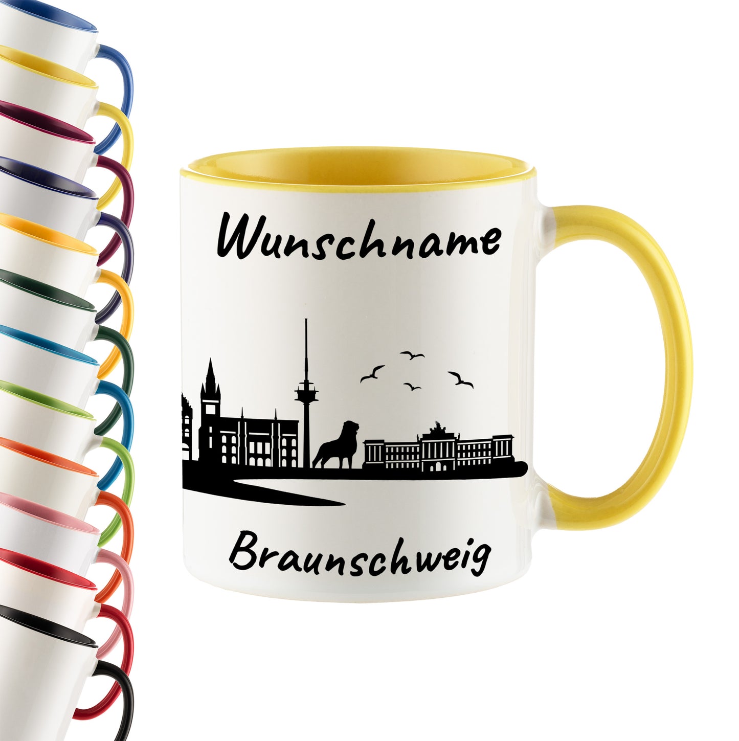 Tasse in Hellgelb 330ml bedruckt mit der Skyline von Braunschweig personalisierbar mit Wunschname