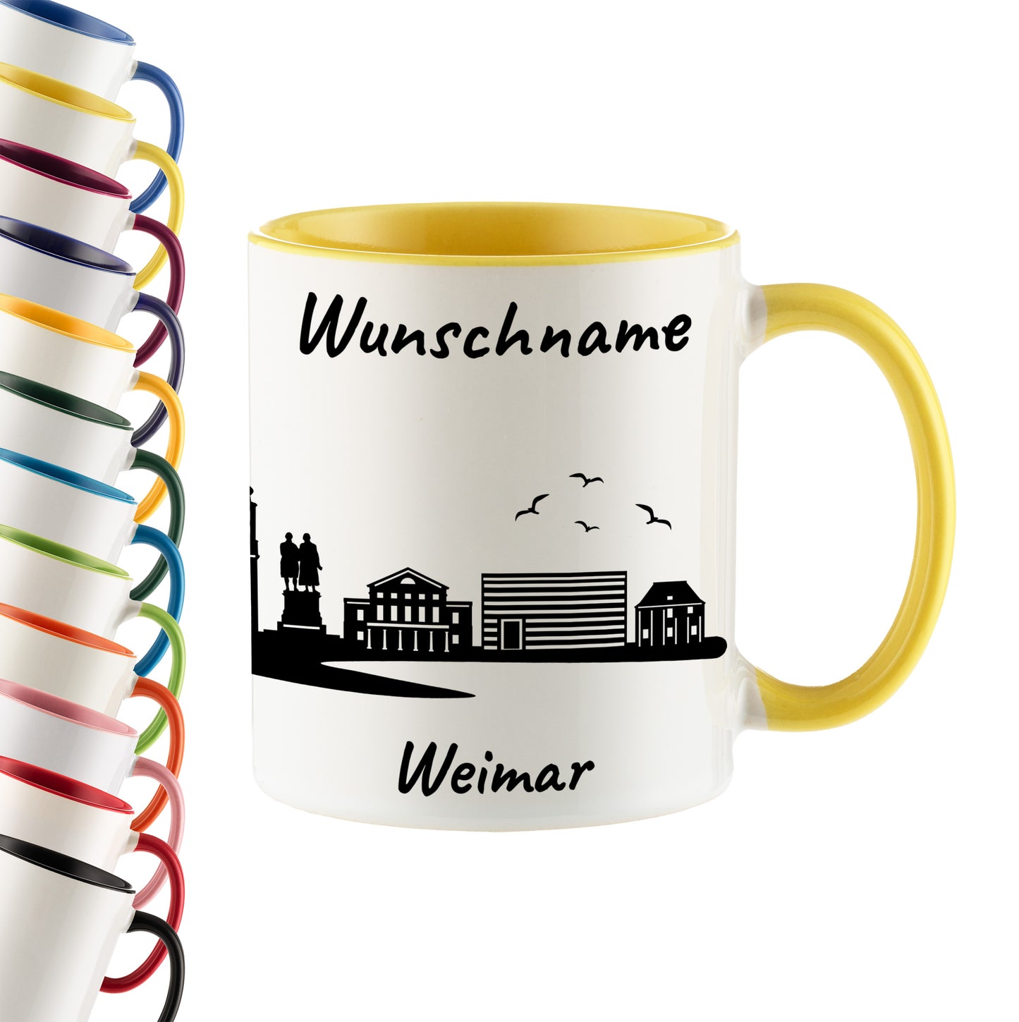 Tasse in Hellgelb 330ml bedruckt mit der Skyline von Weimar personalisierbar mit Wunschname