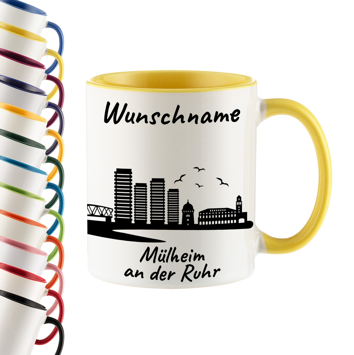 Tasse in Hellgelb 330ml bedruckt mit der Skyline von Mülheim an der Ruhr personalisierbar mit Wunschname