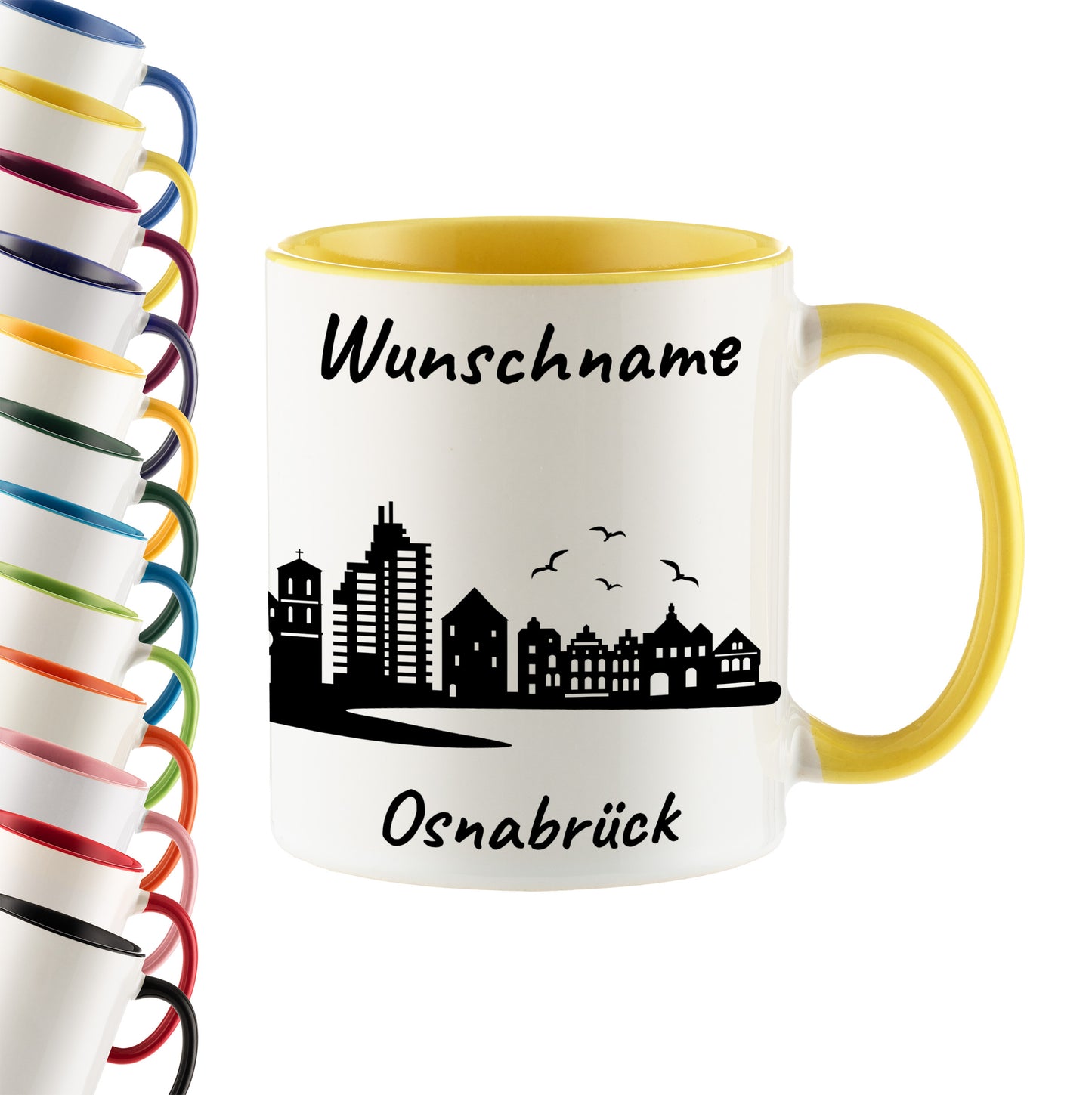 Tasse in Hellgelb 330ml bedruckt mit der Skyline von Osnabrück personalisierbar mit Wunschname