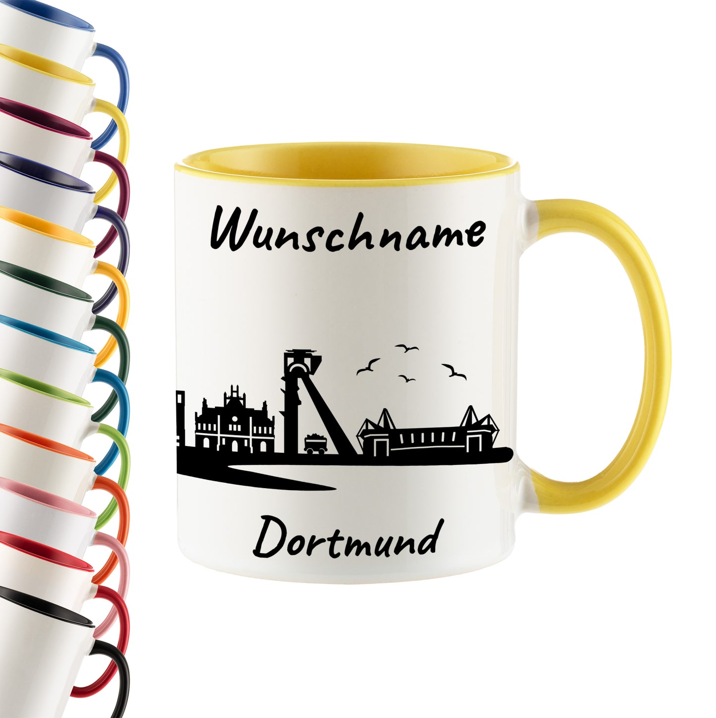 Tasse in Hellgelb 330ml bedruckt mit der Skyline von Dortmund personalisierbar mit Wunschname