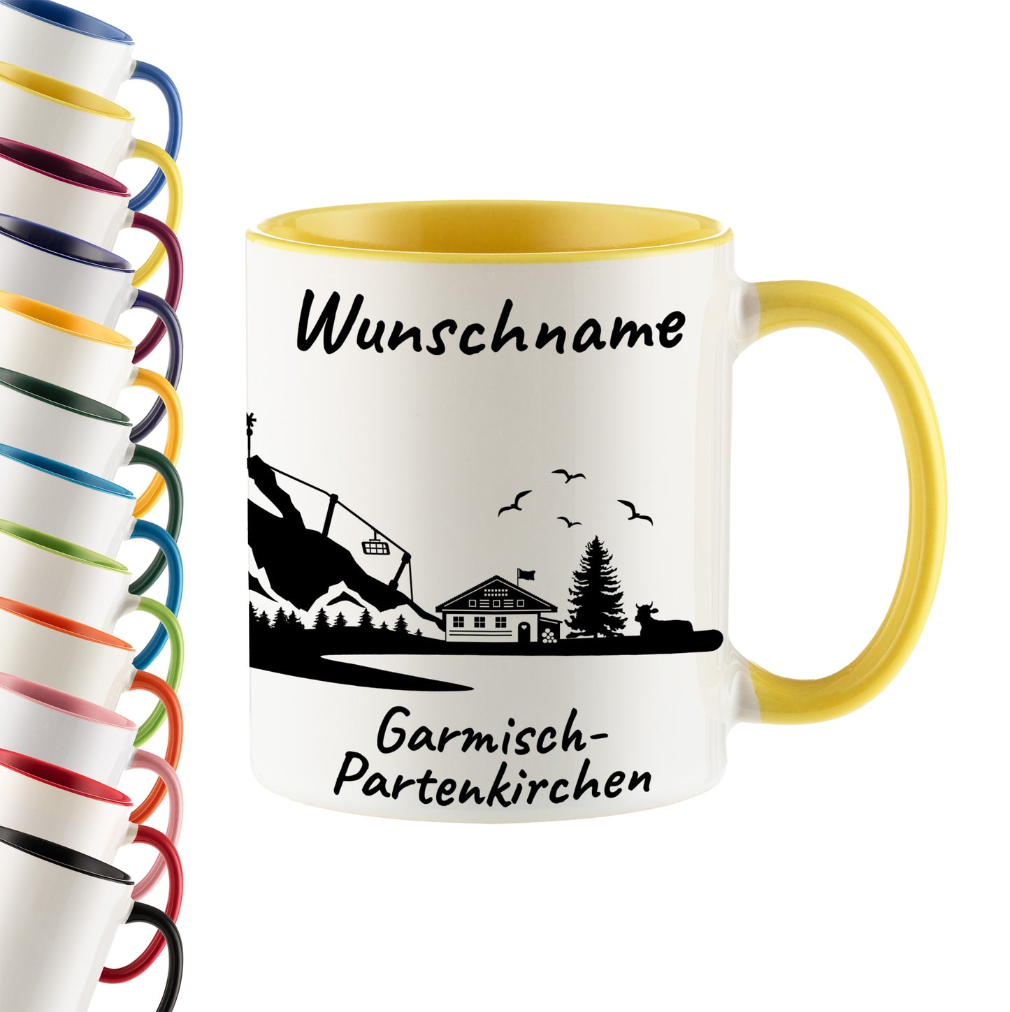 Tasse in Hellgelb 330ml bedruckt mit der Skyline von Garmisch-Partenkirchen personalisierbar mit Wunschname