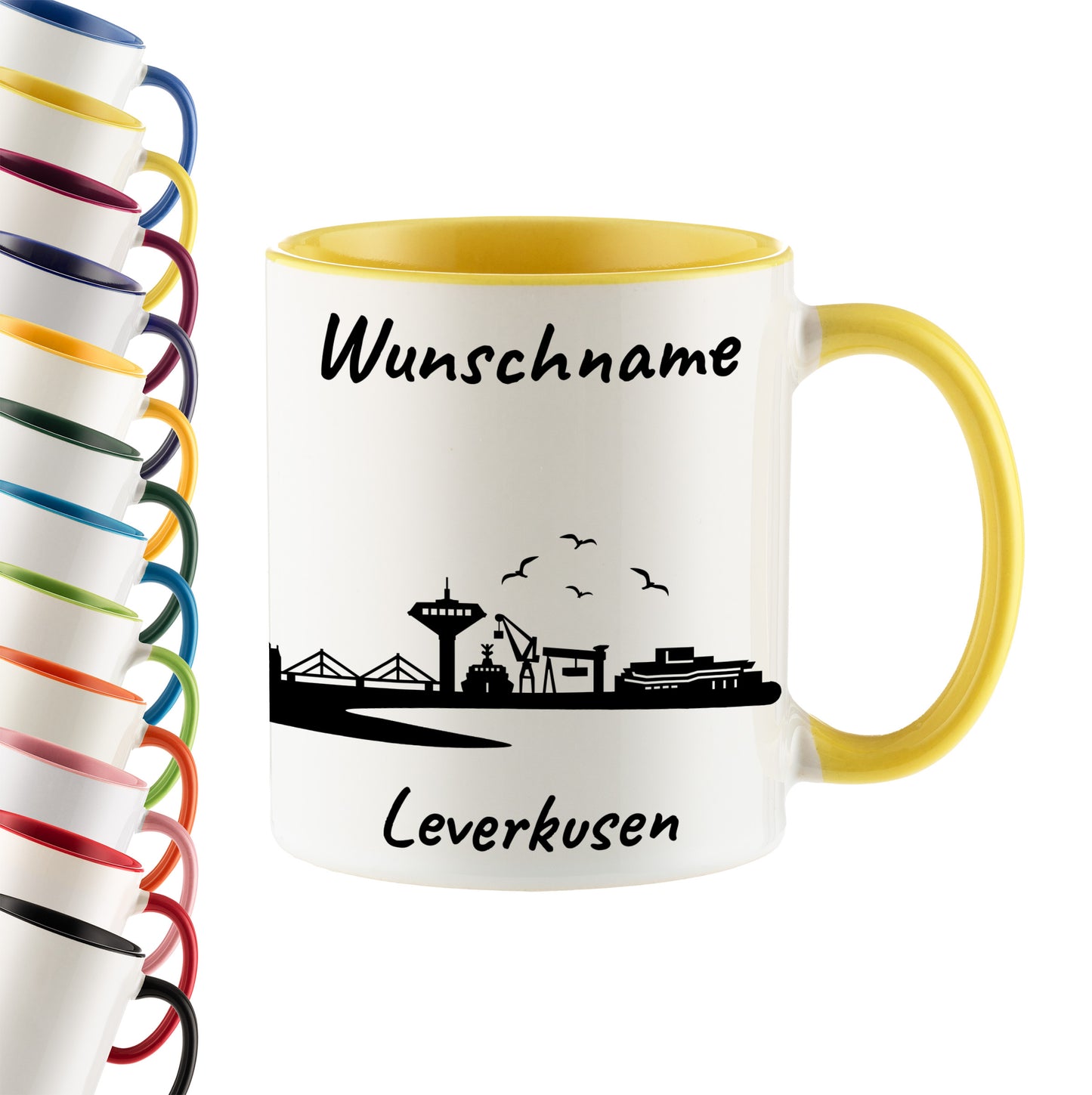 Tasse in Hellgelb 330ml bedruckt mit der Skyline von Leverkusen personalisierbar mit Wunschname