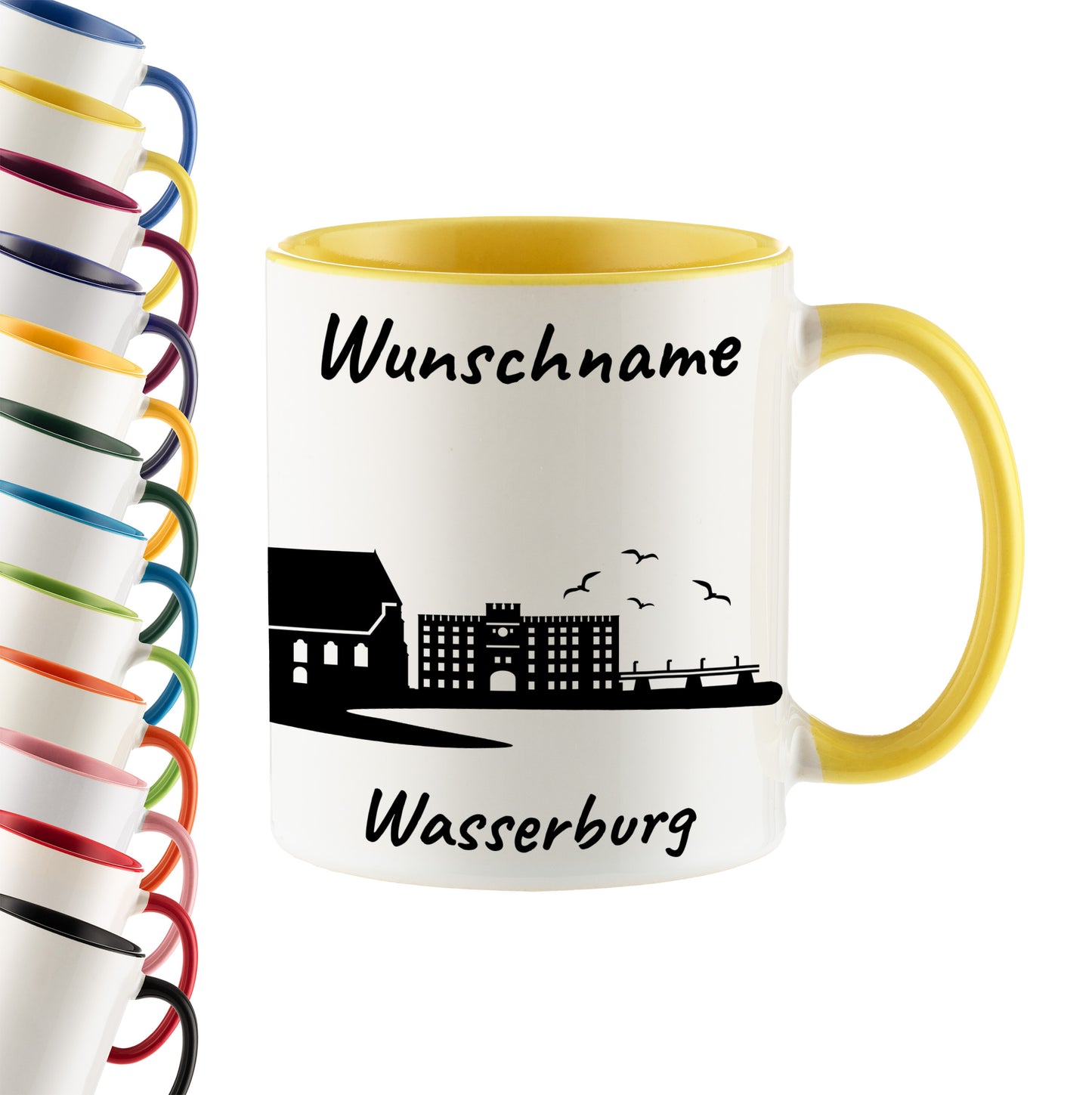 Tasse in Hellgelb 330ml bedruckt mit der Skyline von Wasserburg personalisierbar mit Wunschname