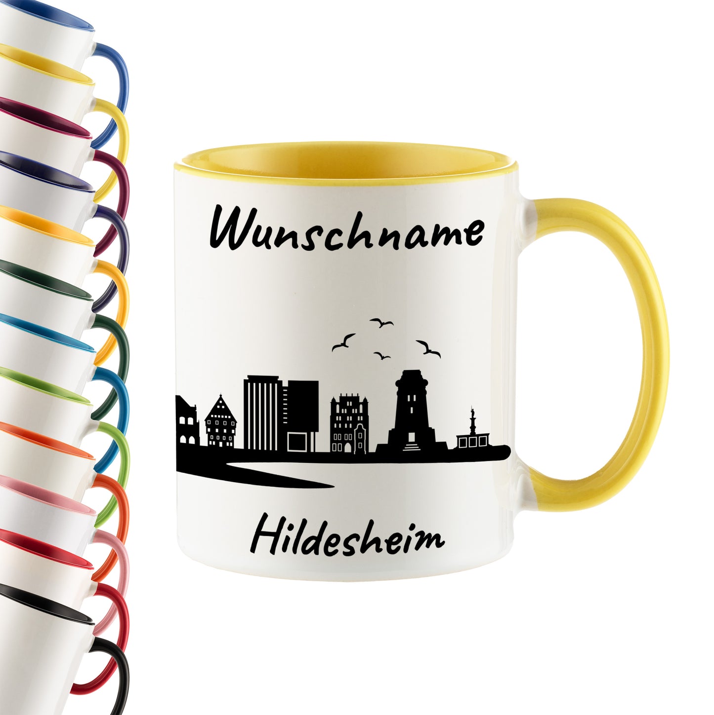 Tasse in Hellgelb 330ml bedruckt mit der Skyline von Hildesheim personalisierbar mit Wunschname