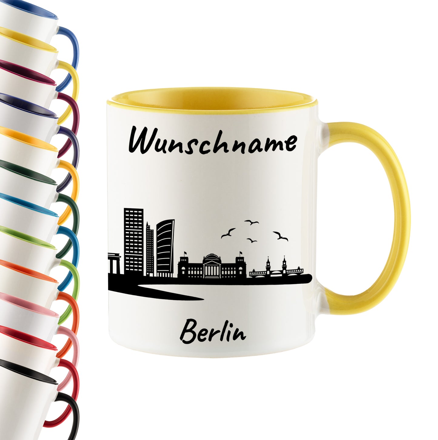 Tasse in Hellgelb 330ml bedruckt mit der Skyline von Berlin personalisierbar mit Wunschname
