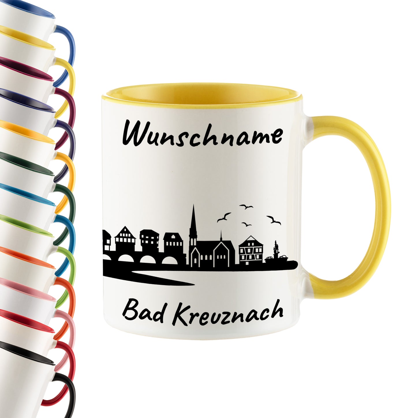 Tasse in Hellgelb 330ml bedruckt mit der Skyline von Bad Kreuznach personalisierbar mit Wunschname